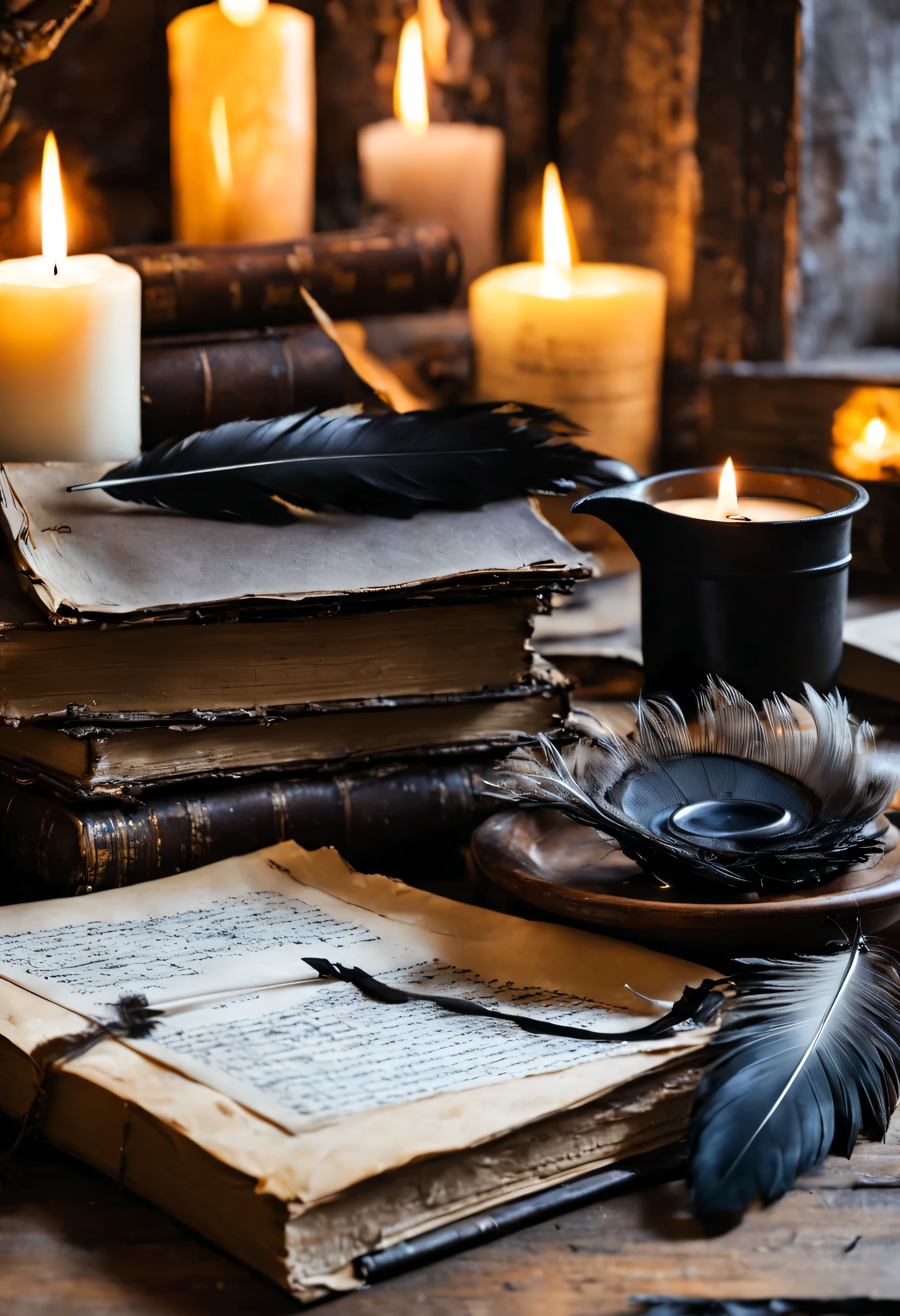 holiday, World Writer&#39;day, old open book on the table, inkwell, goose feathers, sheet of paper with notes, melted candle, Shelves with books in the background