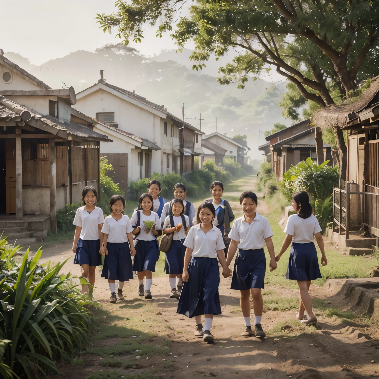 group of Brazilian children with backpacks on their backs/ happy children/ blue and green backpacks