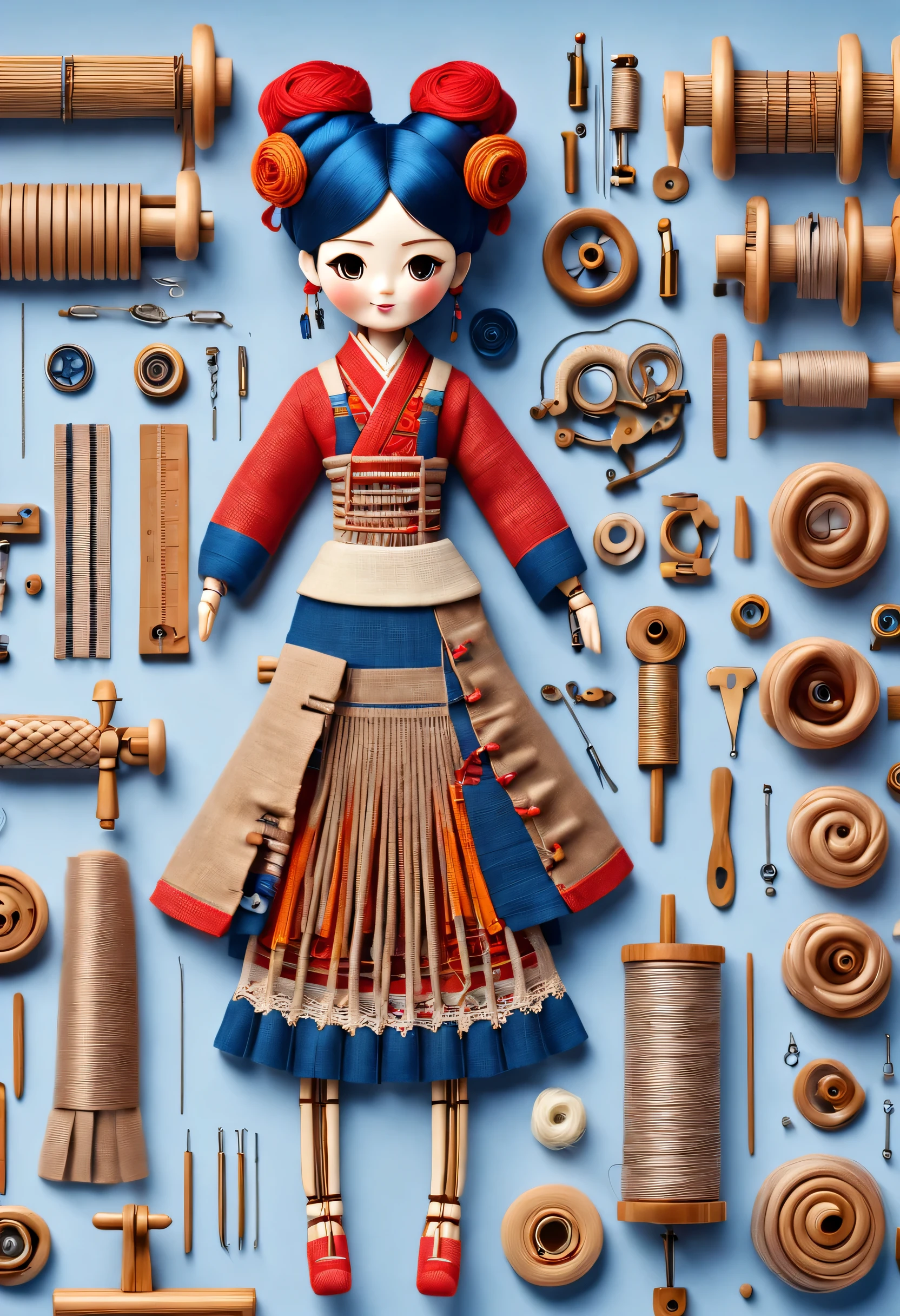 China&#39;s unique high-end carpenter sculpture style, character idea, (whole body), (a mechanically constructed doll is 织布）, （sewing machine），木梭织带机由sewing machine架、Brora、sewing machine头、Shuttle and yarn composition。sewing machine架用于支撑sewing machine头和Brora，Brora和sewing machine头是织布的核心部件，They perform the weaving function through a series of mechanical movements。Shuttle is an essential accessory for weaving，Mainly responsible for conveying yarn，Realize the function of knitting, Mechanical line,Gear connection, , cute and beautiful face, Extra long red double braids, blue and orange skirt, Slender mechanical wooden arms and legs, Beautiful and detailed clothing，empty，lace，rotate, dance, 8k, super detailed, actual, high resolution, Ray tracing,yarn art，background：farmhouse night