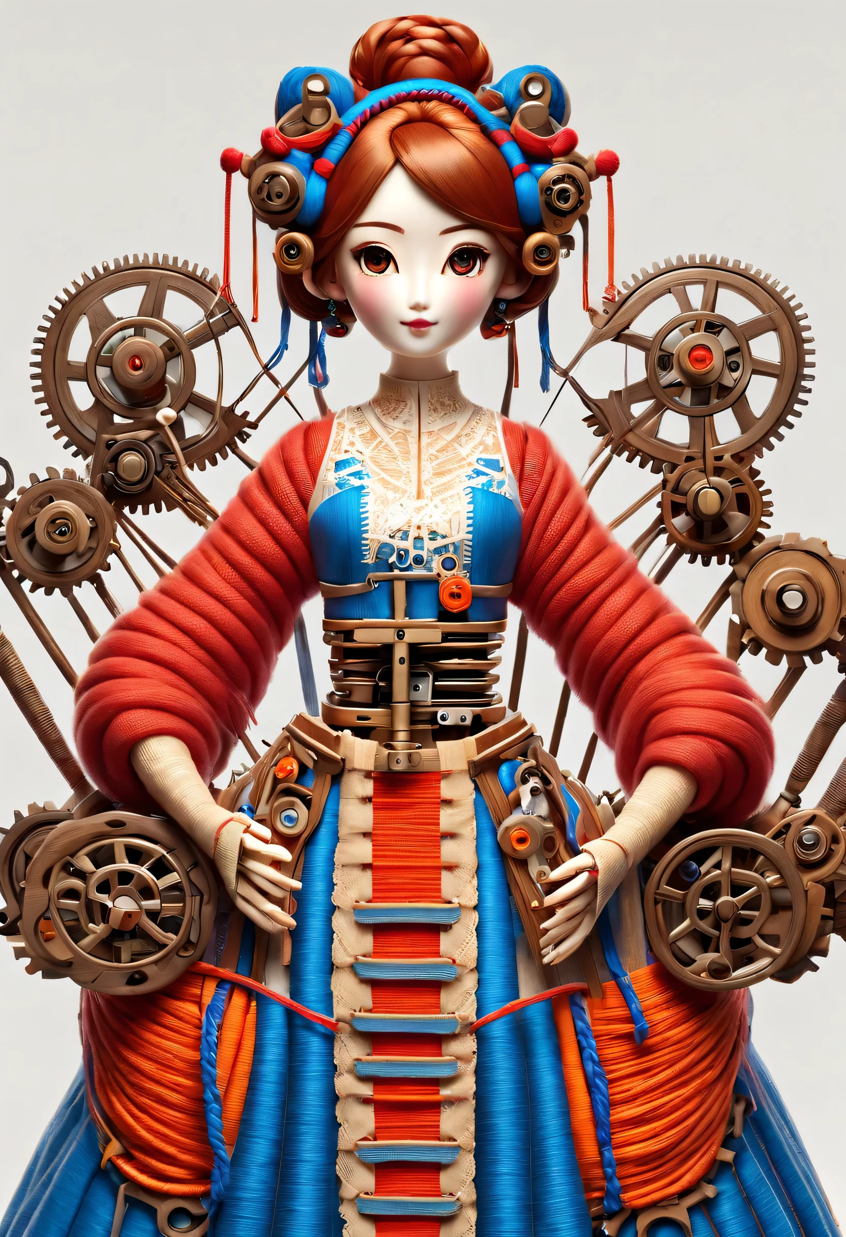 China&#39;s unique high-end carpenter sculpture style, character idea, (whole body), (a mechanically constructed doll is 织布）, （sewing machine），木梭织带机由sewing machine架、Brora、sewing machine头、Shuttle and yarn composition。sewing machine架用于支撑sewing machine头和Brora，Brora和sewing machine头是织布的核心部件，They perform the weaving function through a series of mechanical movements。Shuttle is an essential accessory for weaving，Mainly responsible for conveying yarn，Realize the function of knitting, Mechanical line,Gear connection, , cute and beautiful face, Extra long red double braids, blue and orange skirt, Slender mechanical wooden arms and legs, Beautiful and detailed clothing，empty，lace，rotate, dance, 8k, super detailed, actual, high resolution, Ray tracing,yarn art，background：farmhouse night