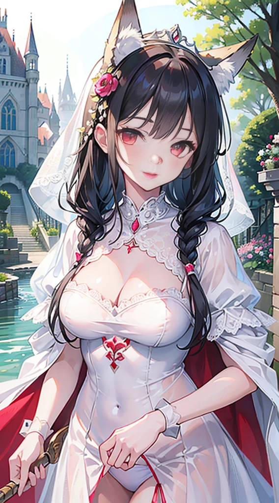 high quality, masterpiece, super detailed, 1 girl, extremely detailed faces,white lace bikini，white cloak，princess crown，Calm expression,bright red lips，Smile，handcuffs，collar，long black hair, Charming pink eyes, fox ears,  castle，garden，waterside，Outdoor activities, garden, medieval western town,