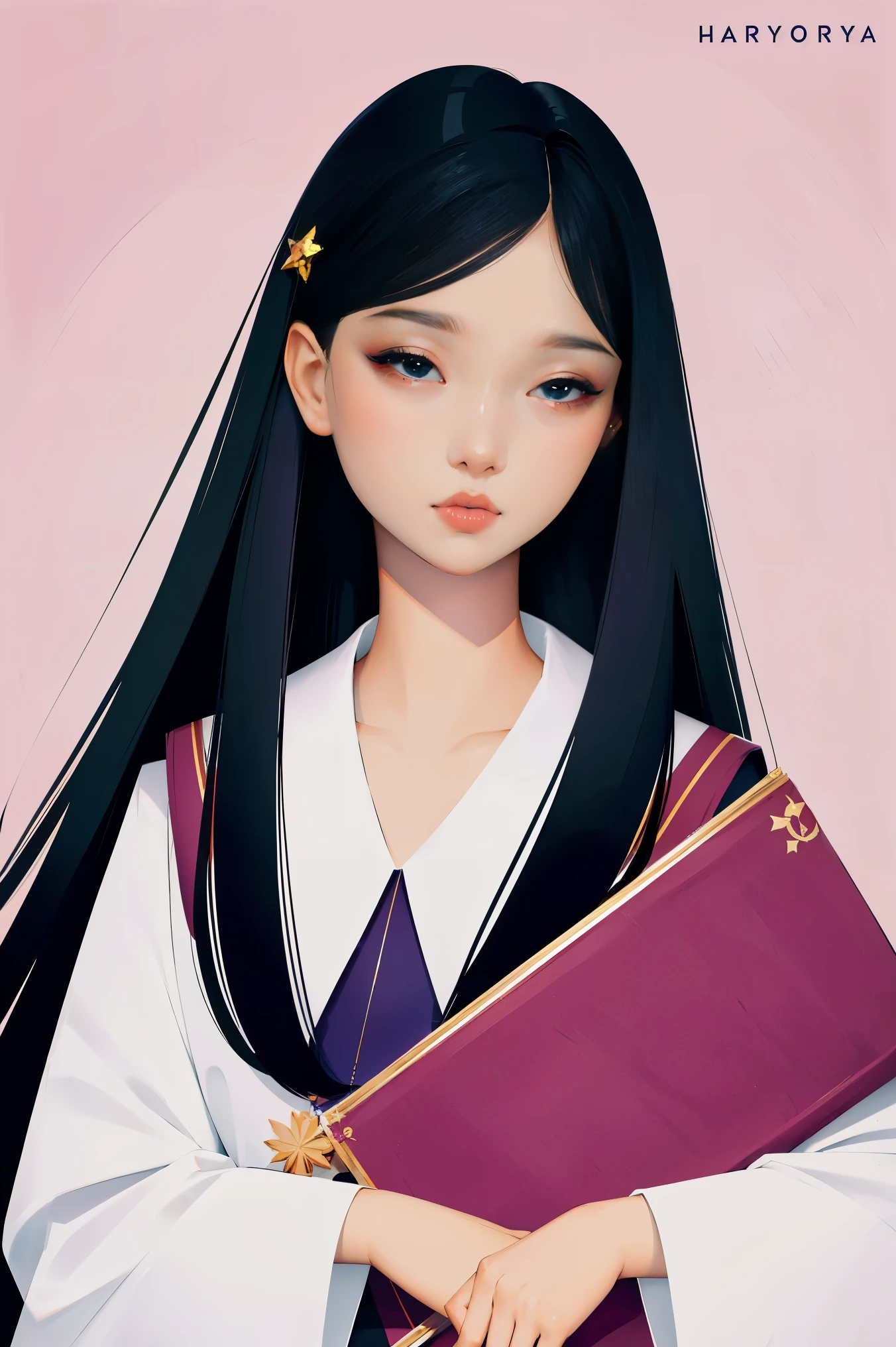 character design of a girl (masterpiece:1.2, best quality), no background, 1lady, solo, (shiny skin:1.2), upper body, purple color scheme, witch outfit, glasses, straight long black hair styled in hime-cut hair, character concept art, harajuku style, hair pin,