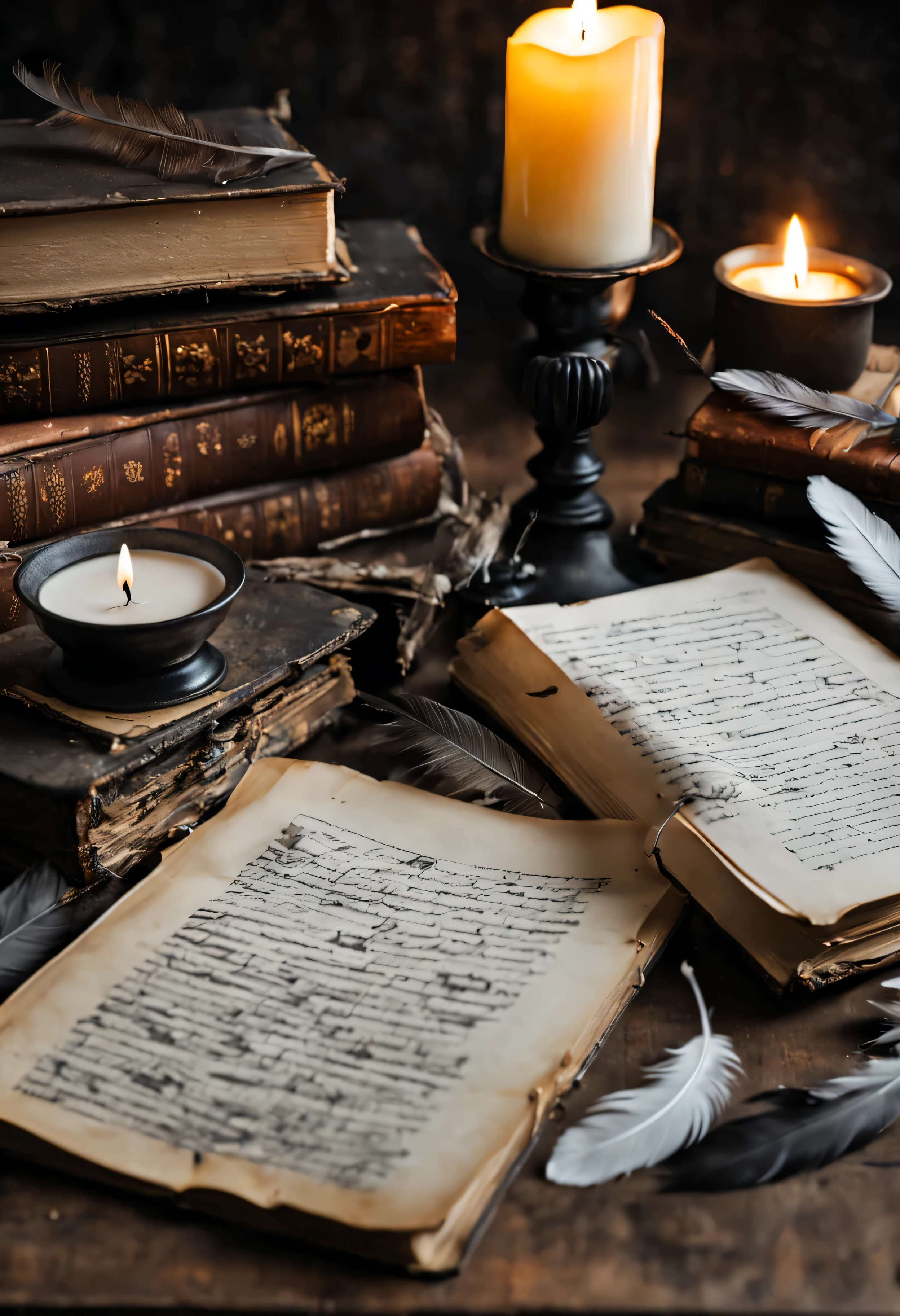 holiday, World Writer&#39;day, old open book on the table, inkwell, goose feathers, sheet of paper with notes, melted candle, Shelves with books in the background