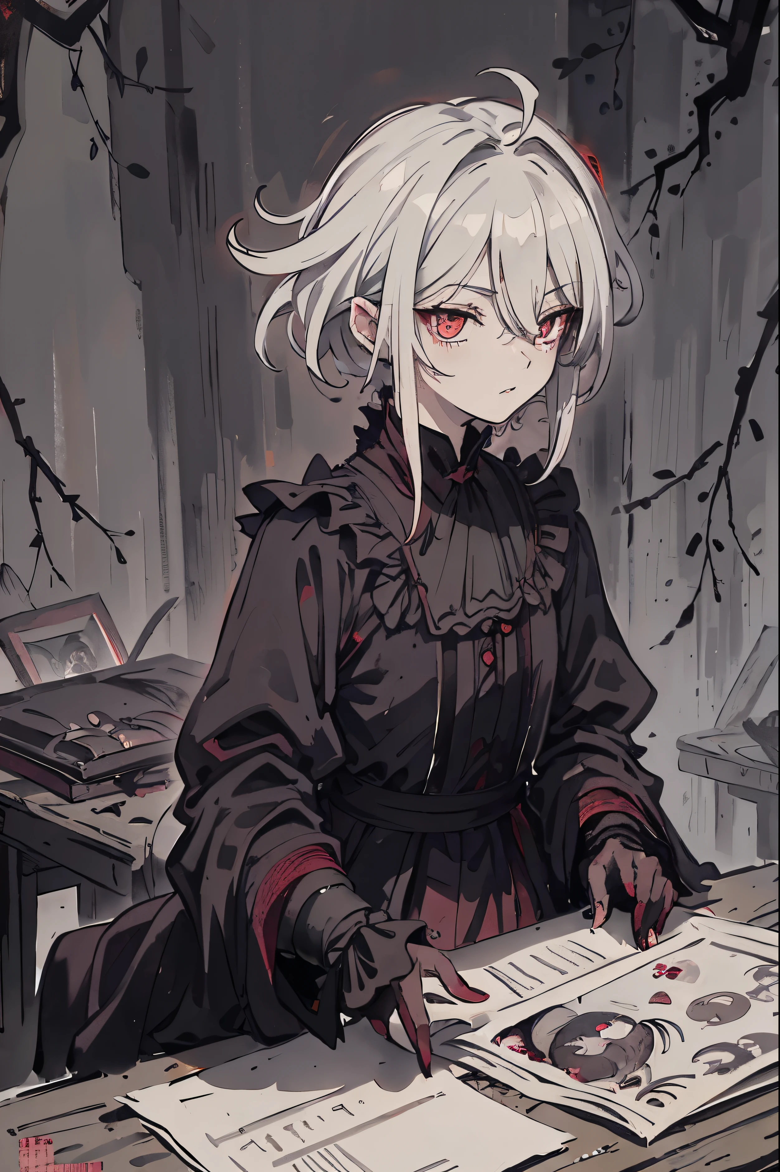 Dark silhouette, upper body, dark shadows, only silhouette, 1boy, shadow, dark aura, looking at viewer, deadpan face, shadow, (white messy hair:1.5), (dark red shining eyes:1.5), white hair, close-up, vampire, vampire fang, cute fang, fang