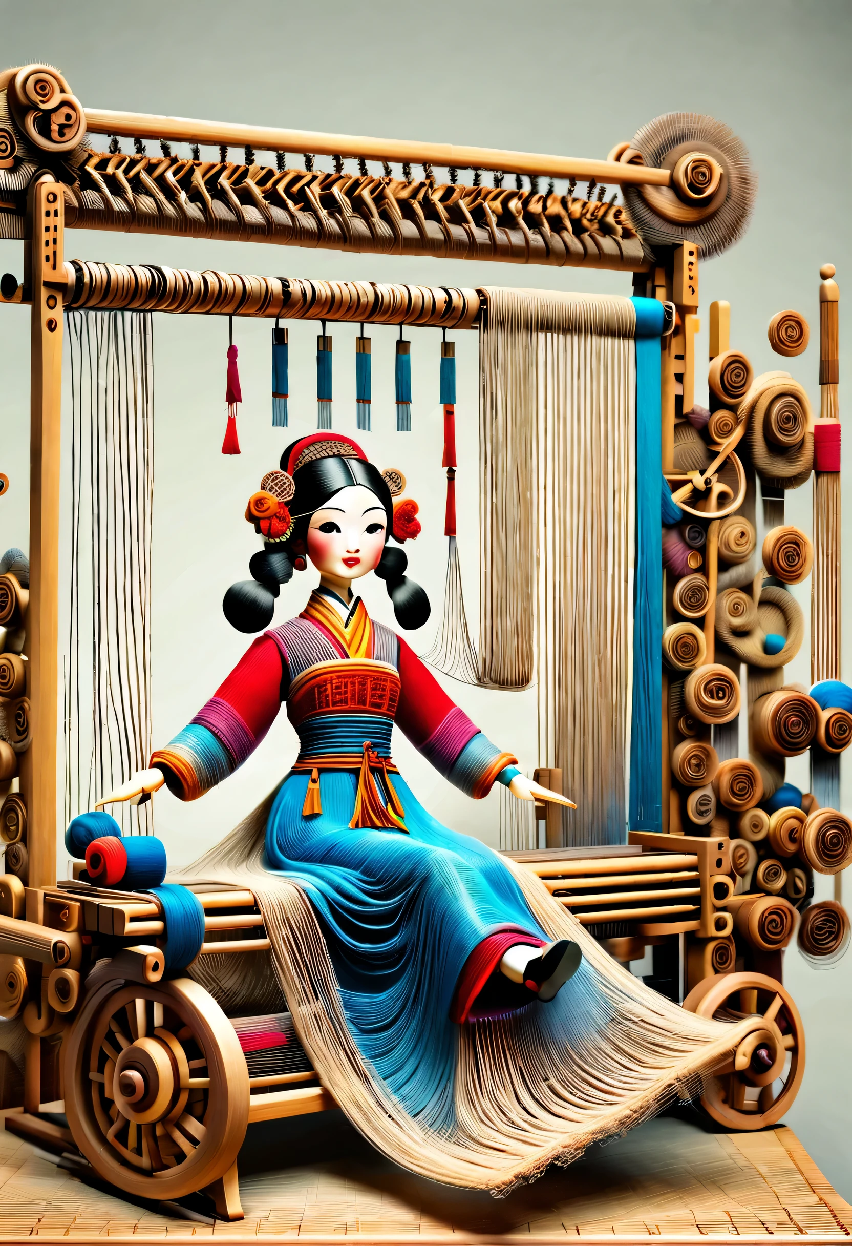 China&#39;s unique high-end carpenter sculpture style，The character is full body，Back，（Mechanical doll sitting in front of ancient Chinese loom），Inspired by the looms of Jiangning Weaving Museum，wooden shuttle loom，loom frame、Brora、loom head、shuttle and yarn composition。gear，shuttle，complex structure，loom frame用于支撑loom head和Brora，They perform the weaving function through a series of mechanical movements。shuttle is an essential accessory for weaving，Mainly responsible for conveying yarn，Realize the function of knitting, cute and beautiful face, Extra long red double braids, blue and orange skirt, Slender mechanical wooden arms and legs, Beautiful and detailed，rotate, dance, 8k, super detailed, actual, high resolution, Ray tracing,yarn art