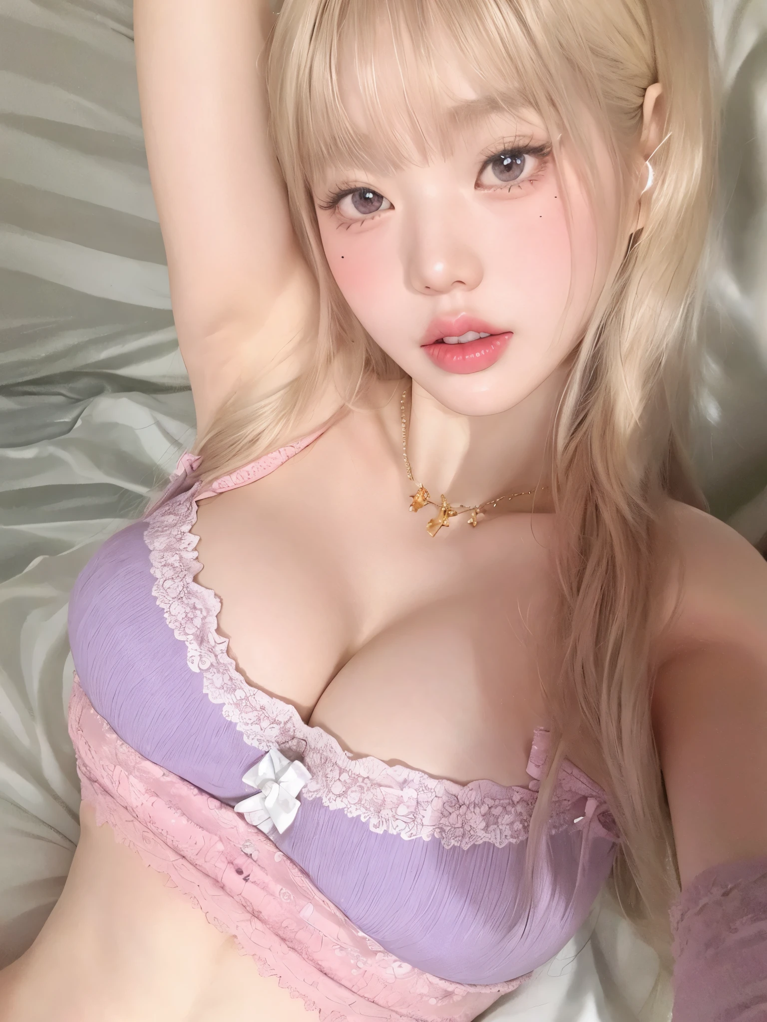 Mujer rubia con traje rosa y morado acostada en la cama, sakimichan, muchacha coreana, bella delfina, shikami, ulzzang, bbwchan, chica sexy, amoranto, small curves , linda chica kawaii, barbie doll in panties and bra, dulce conejita ultrarrealista, 1 8 son, muy hermosa linda catgirl