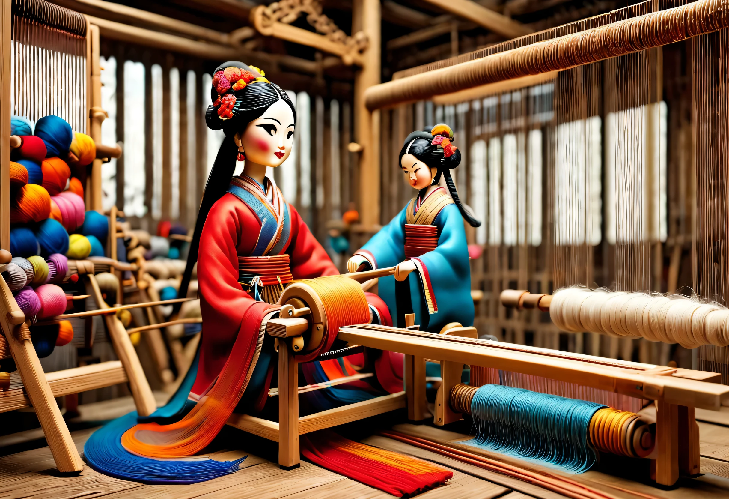 China's unique high-end carpenter sculpture style,The character is full body,side,(Mechanical doll sitting in front of ancient Chinese loom),Inspired by the looms of Jiangning Weaving Museum,wooden shuttle loom,loom frame、Brora、loom head、Shuttle and yarn composition。loom frame用于支撑loom head和Brora,They perform the weaving function through a series of mechanical movements。Shuttle is an essential accessory for weaving,Mainly responsible for conveying yarn,Realize the function of knitting, cute and beautiful face, Extra long red double braids, blue and orange skirt, Slender mechanical wooden arms and legs, Beautiful and detailed,rotate, dance, 8k, super detailed, actual, high resolution, Ray tracing,yarn art