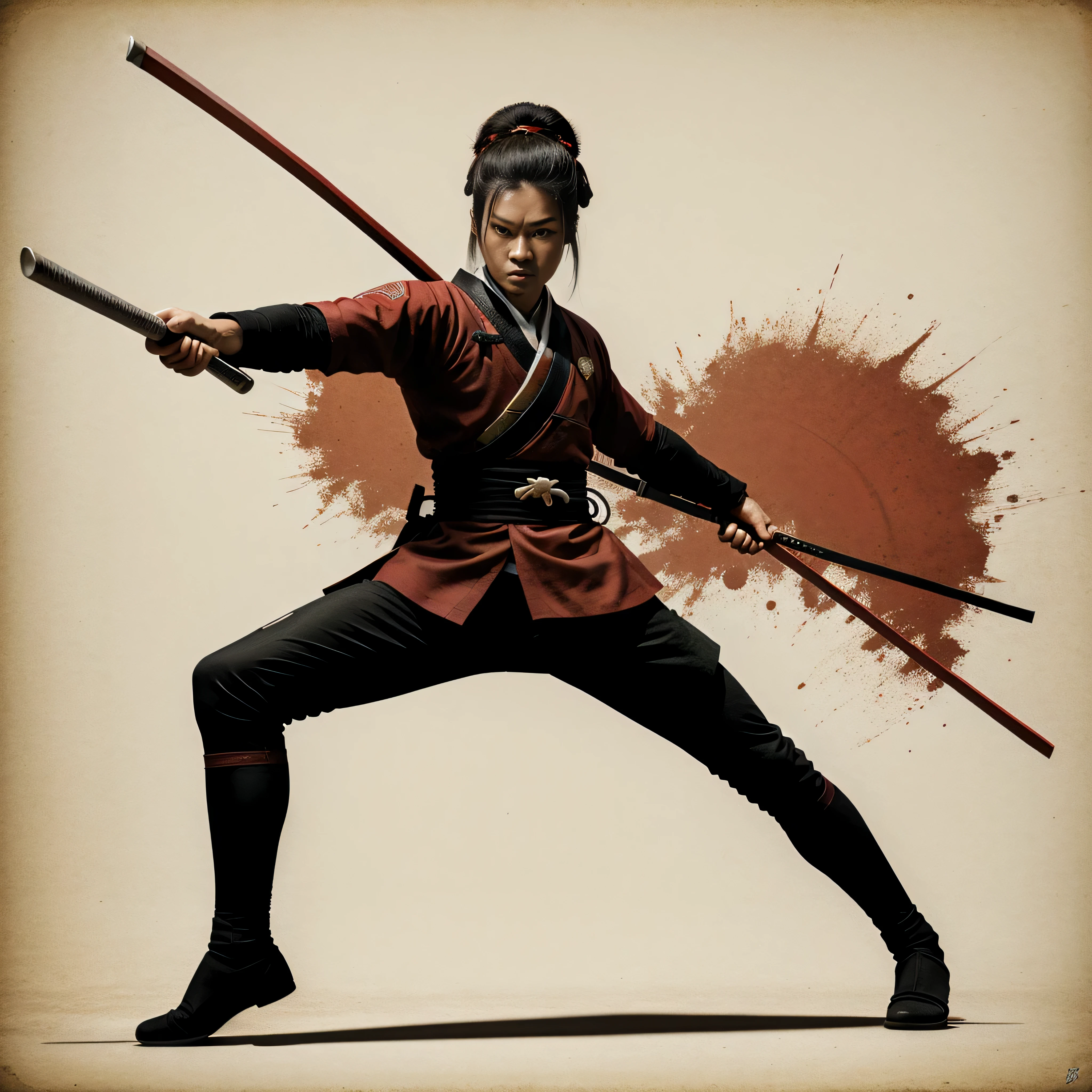 samurai with katana, full body, 16th century Japan, authntic, fighting stance, distressed rice paper background, antique, Surrealism, uper detail, ccurate, best quality, retina, masterpiece, ccurate, super detail, high details, award winning, lines, some Japnese characters in red and black