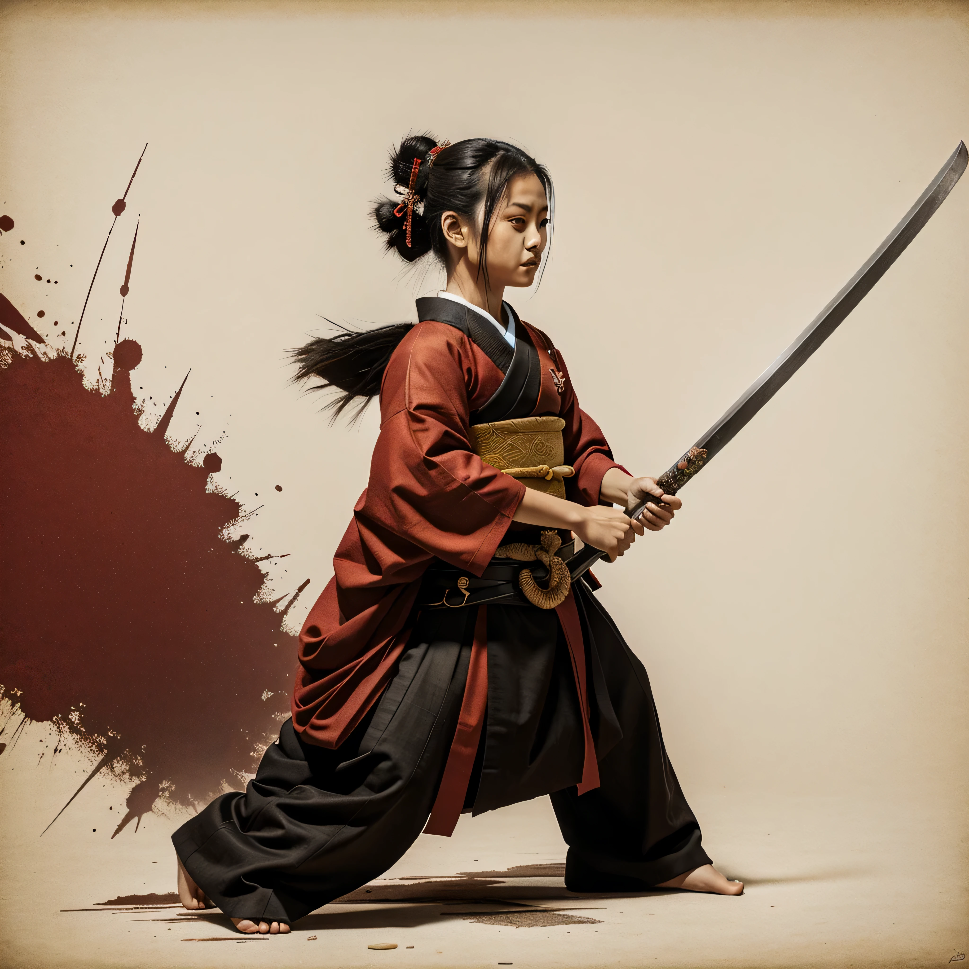 samurai with katana, full body, 16th century Japan, authntic, fighting stance, distressed rice paper background, antique, Surrealism, uper detail, ccurate, best quality, retina, masterpiece, ccurate, super detail, high details, award winning, lines, some Japnese characters in red and black