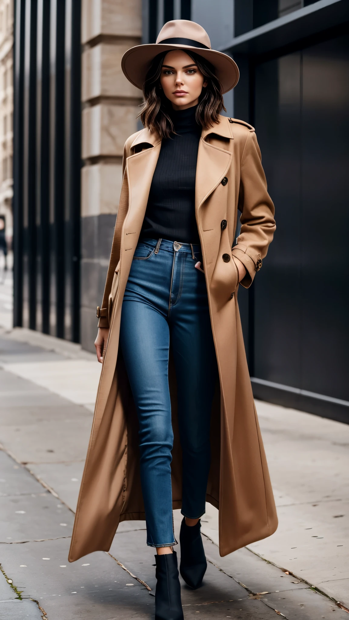 Kendall Jenner in a coat and hat posing for a picture,  skintight closed longcoat, high - end fashion photoshoot, elegant girl in urban outfit, high fashion classy, elegant fashion model,  coat, wearing an elegant outfit, long coat, woman is in a trenchcoat, trench coat and suit, fashion shoot 8k, dressed in expensive clothes