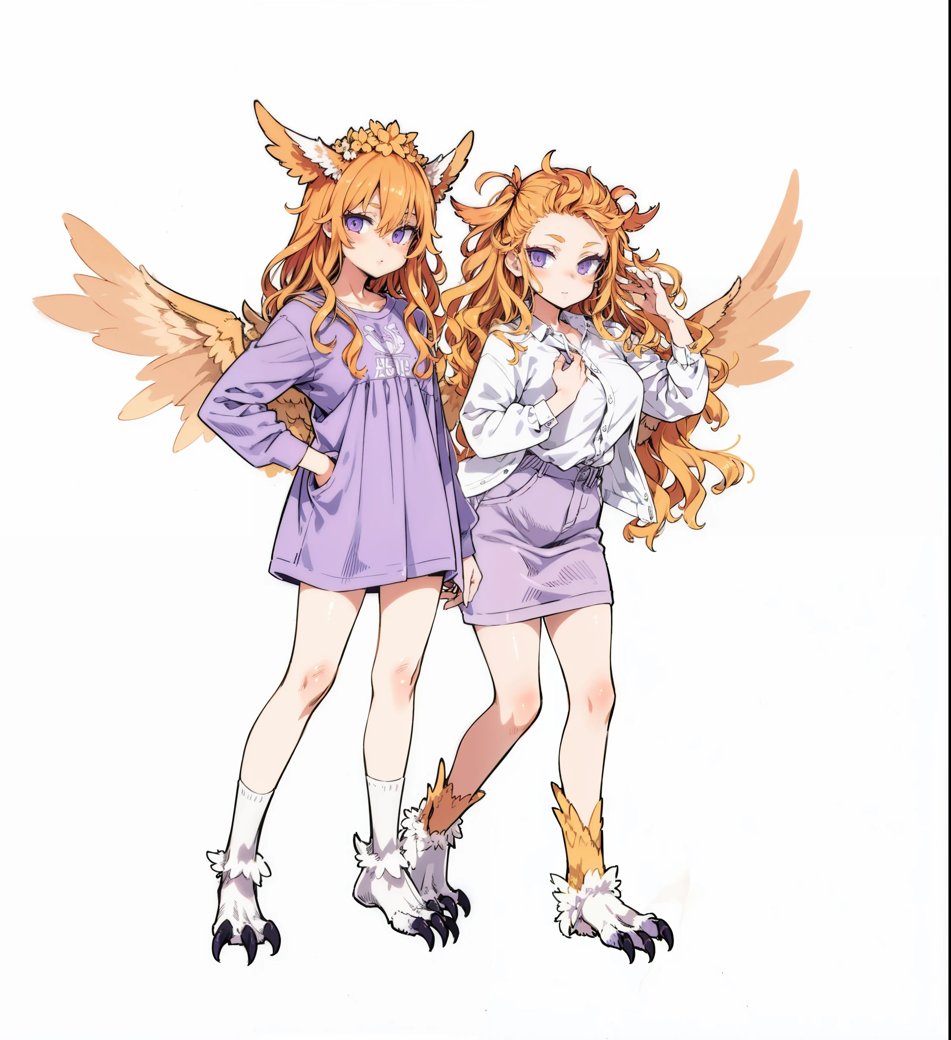 (Best Picture:1.2), (Best Quality:1.3), style, looking at viewer, grey background, full body, standing, finely detail, detailed face, 2girl, twins, orange hair, wavy hair, long hair, harpy, purple eyes, wings on head, monster girl