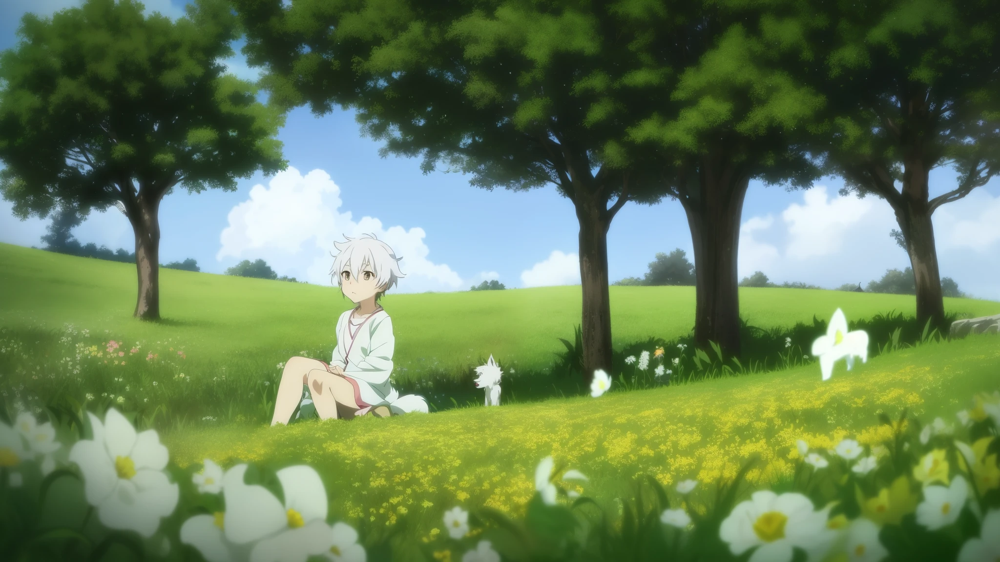 Anime scenes of a boy and a dog sitting in a field of flowers, anime movie yet, today's featured anime still, Still from the TV anime, Still from the anime, anime still, anime movie screenshots, anime movie screenshots, High quality anime movie stills, natsume yuujinchou, white fox anime, Anime scenes, in an animated movie