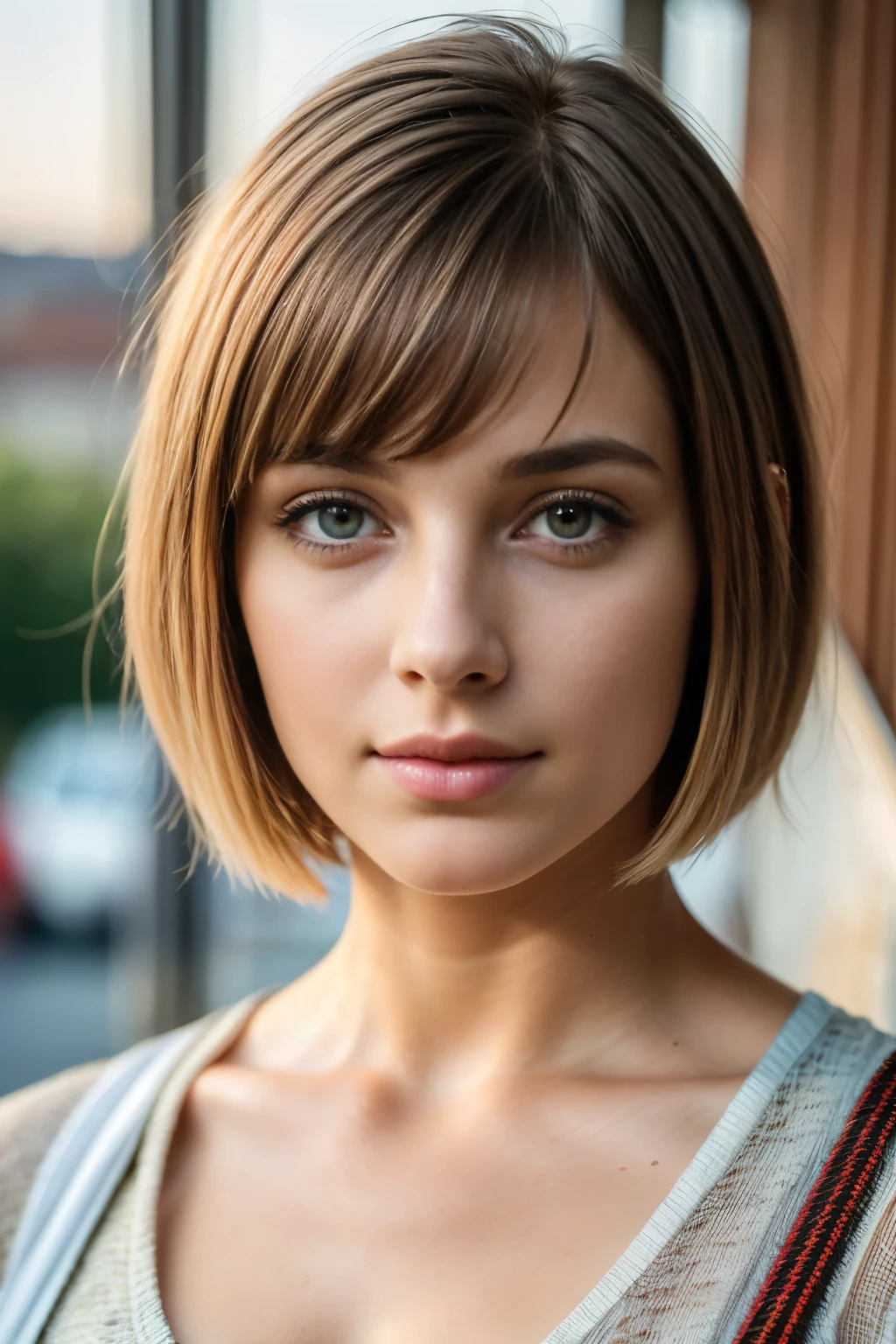 highest quality, 8K, masterpiece, photorealistic, young girl pictures,  Upper body, short bob hair, (view audience:1.5), (detailed pupil), (natural soft light), (attractive), Bokeh, beautiful face, super dense skin, perfect shining eyes, skin pores, soft hair, fabric stitching, fabric texture