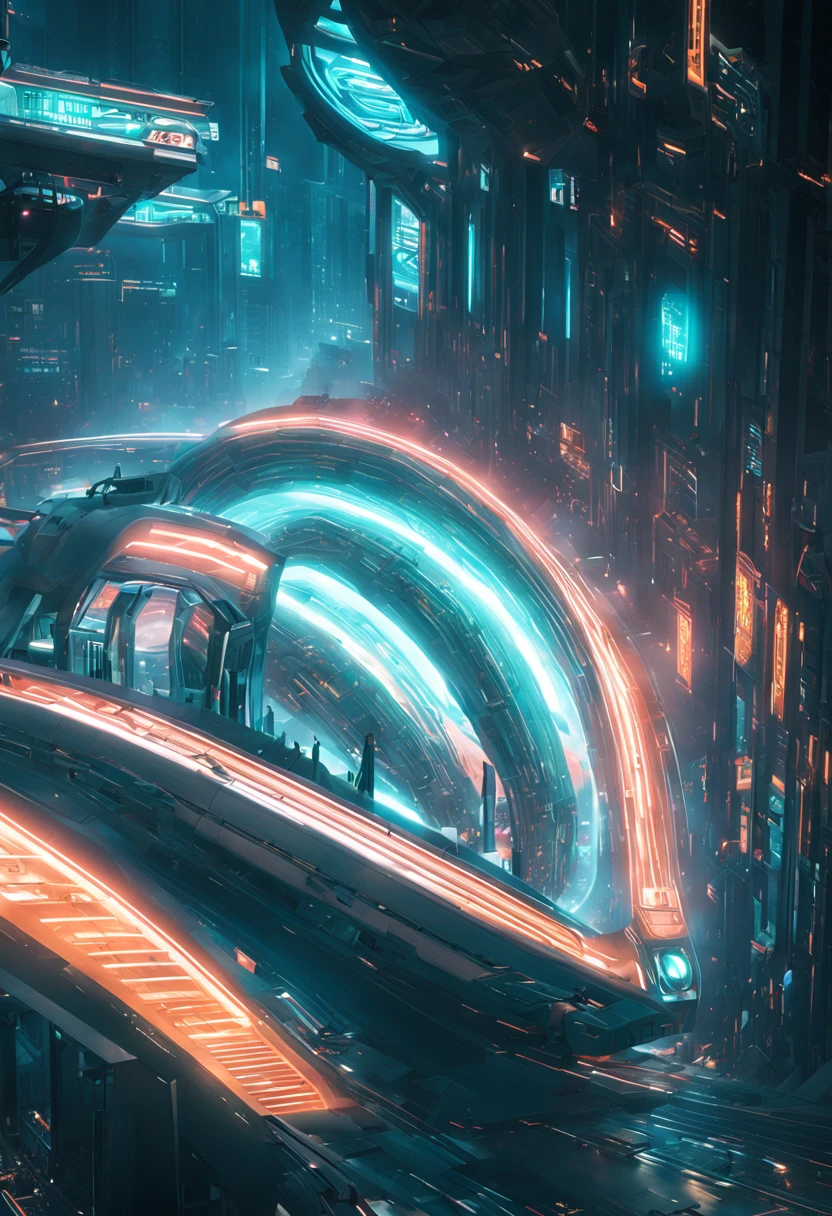 Image: A futuristic sci-fi train station with interconnected portals

Descriptive keywords: High-tech, otherworldly, interconnected

Photographic style: Surrealistic, with vibrant neon lighting and geometric architecture in a cyberpunk setting. 

Tone: Mysterious, dynamic, and engaging

Object: A sleek, silver high-speed train approaching one of the glowing portals

Action: The train is whirring with a subtle futuristic hum as it prepares to enter the glowing portal, surrounded by a bustling station filled with diverse passengers and robotic attendants.