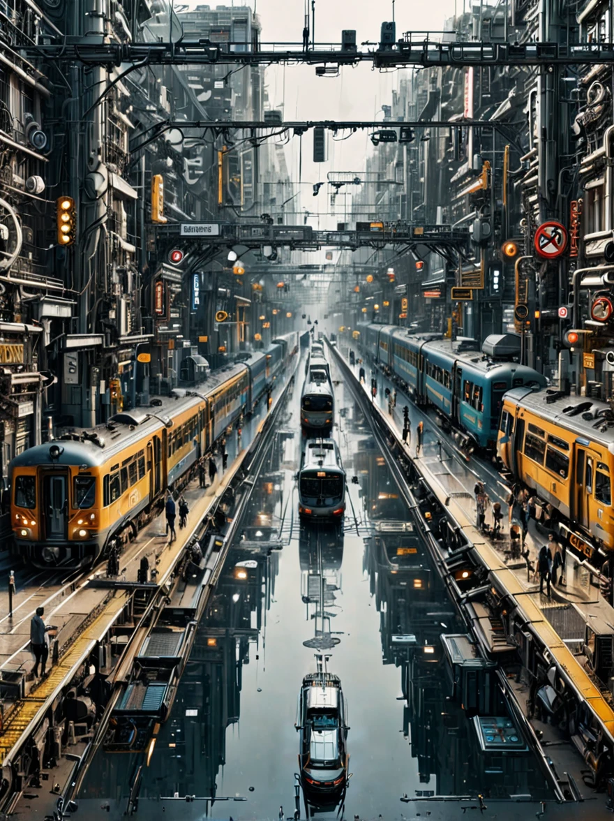 Edge&#39;s dystopian busy train station, Transport vehicles parked at the station and bright signs, Pedestrians move synchronously, Rainwater creates reflective pools on the ground