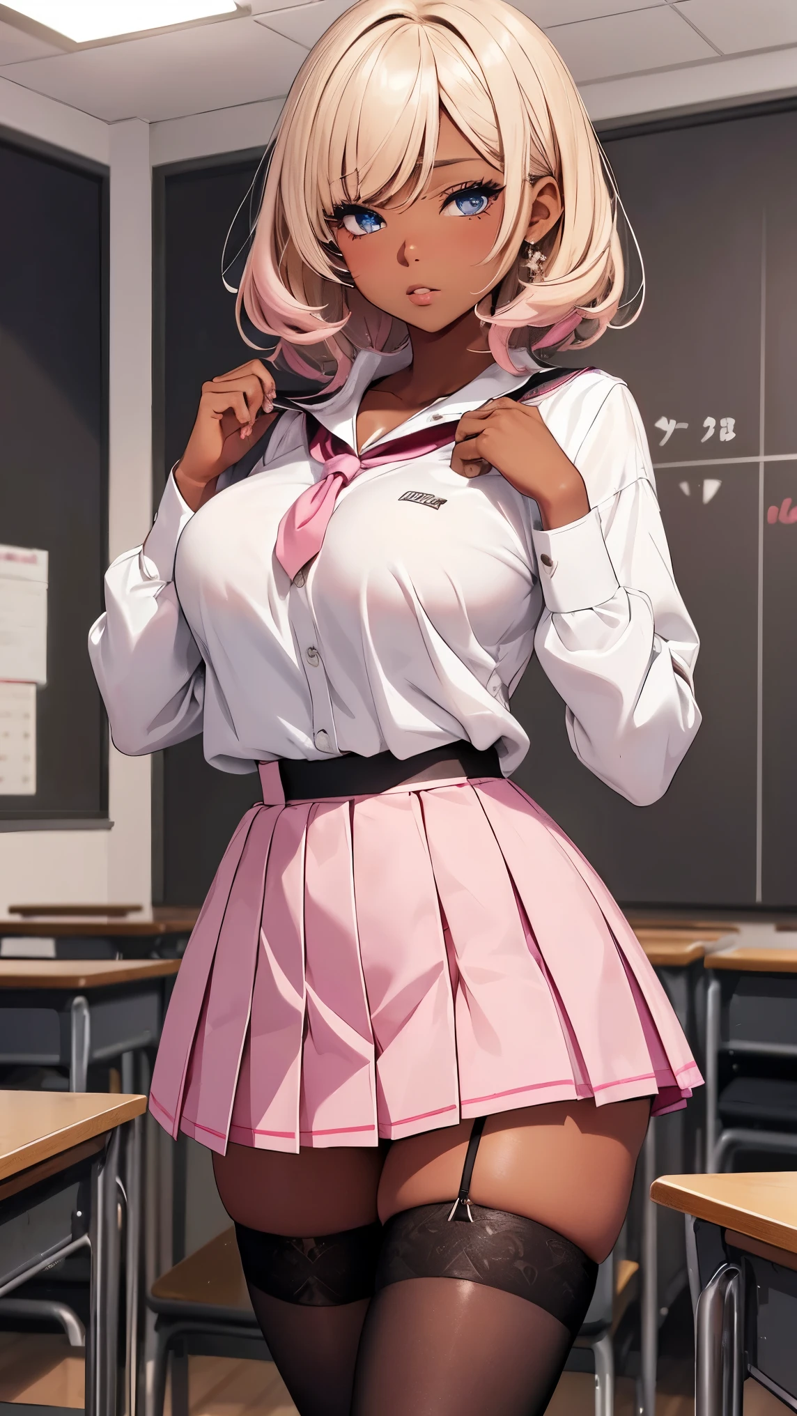 Highest Quality, masterpiece, beautifully detailed eyes, (dark skin), short Blonde Hair, Gradient Hair, pink highlights in hair, large breasts, standing, makeup, glossy lips, full lips, classroom, cheerleader, lips parted, shocked, blush, collarbone, school uniform, white blouse, black pleated miniskirt, white thigh highs