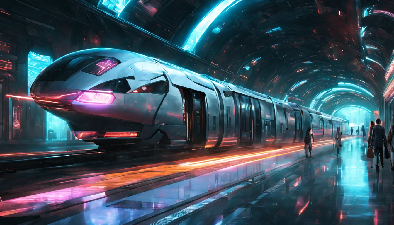 Image: A futuristic sci-fi train station with interconnected portals

Descriptive keywords: High-tech, otherworldly, interconnected

Photographic style: Surrealistic, with vibrant neon lighting and geometric architecture in a cyberpunk setting. 

Tone: Mysterious, dynamic, and engaging

Object: A sleek, silver high-speed train approaching one of the glowing portals

Action: The train is whirring with a subtle futuristic hum as it prepares to enter the glowing portal, surrounded by a bustling station filled with diverse passengers and robotic attendants.