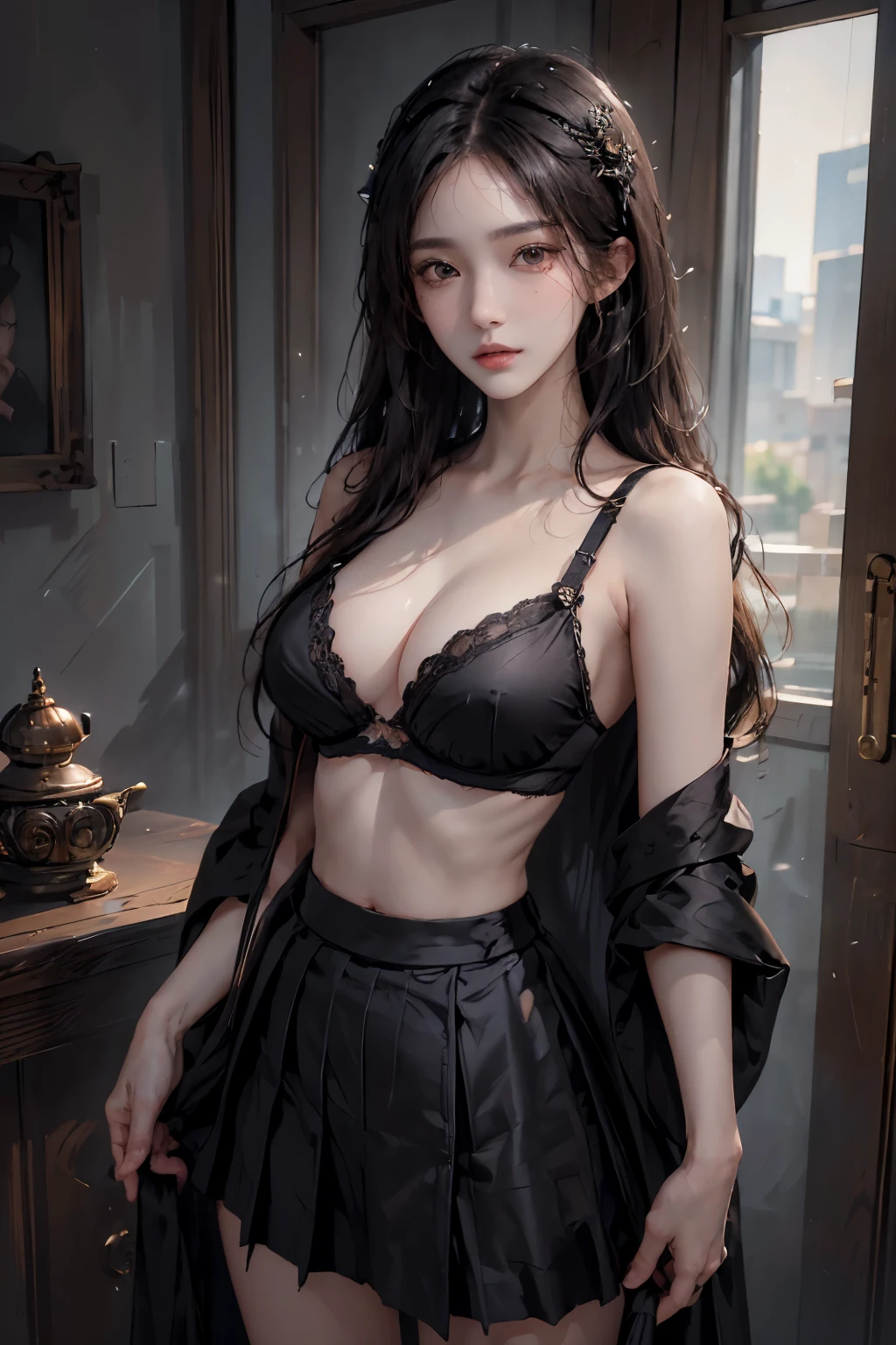 ((highest quality)),(ultra high resolution),(Super detailed),(detailed description),((best CG)),(best work of art),super precision art,great drawing art,(Art with precise details:1.5), Portrait:1.6,bust shot:1.4,1 woman,beautiful and well-shaped face:1.5、 Japanese、girl,Slender、mole on chest、(black bra:1.4)、small face、brown eyes、tall、 highres,black hair、long hair、straight hair、classroom、、(standing facing left:1.2)、(black skirt:1.4)、I&#39;m holding my chest close to my chest
