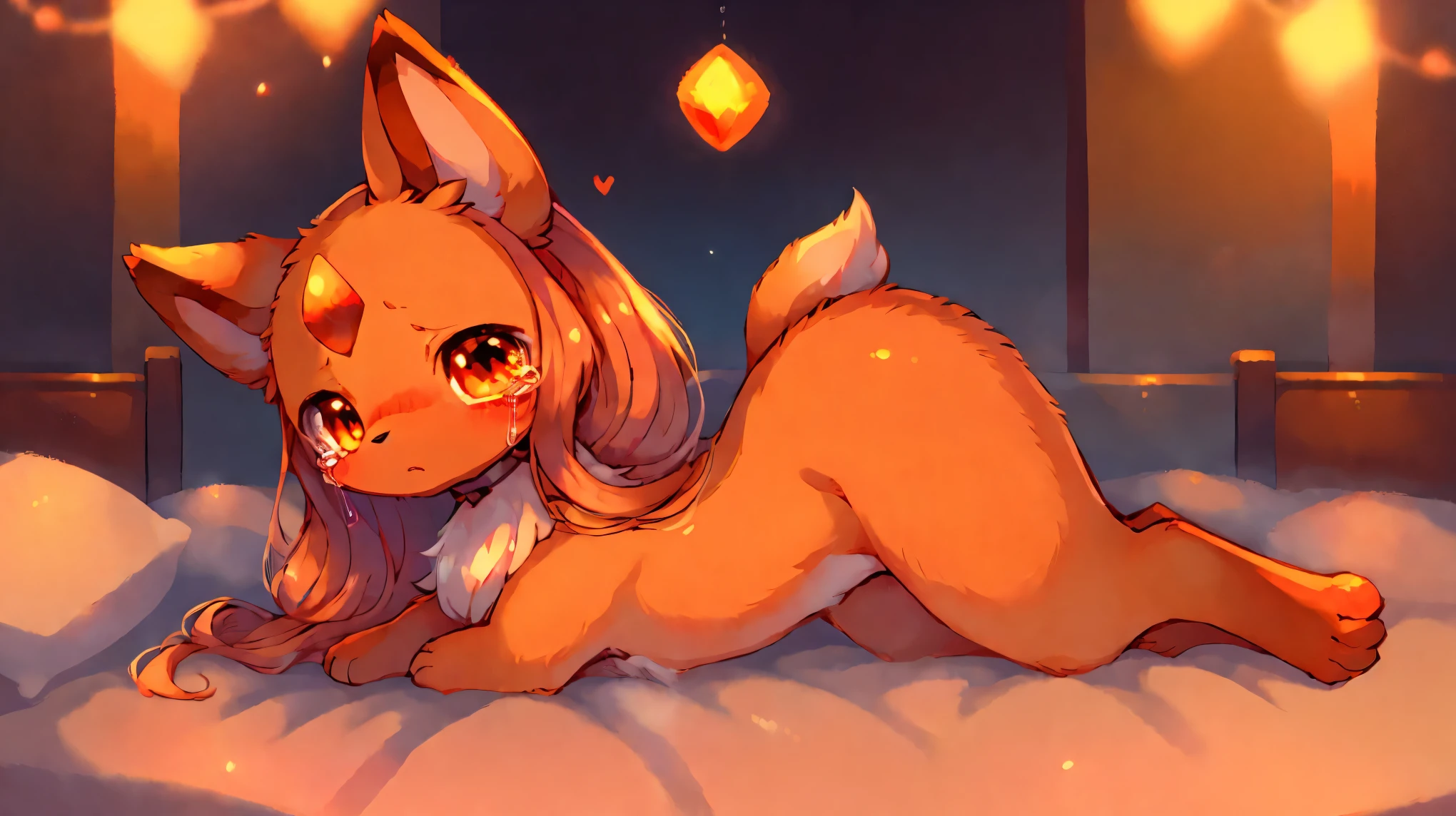 on stomach,lying,on the bed,heart,fantastical,pussy,Pokemon,furry,kemono,cute,non-human, Hairless,Animal body,red fluffy long hair,orange color fluffy body,surprised face,body like a puppy,Gemstone Collars,deformation