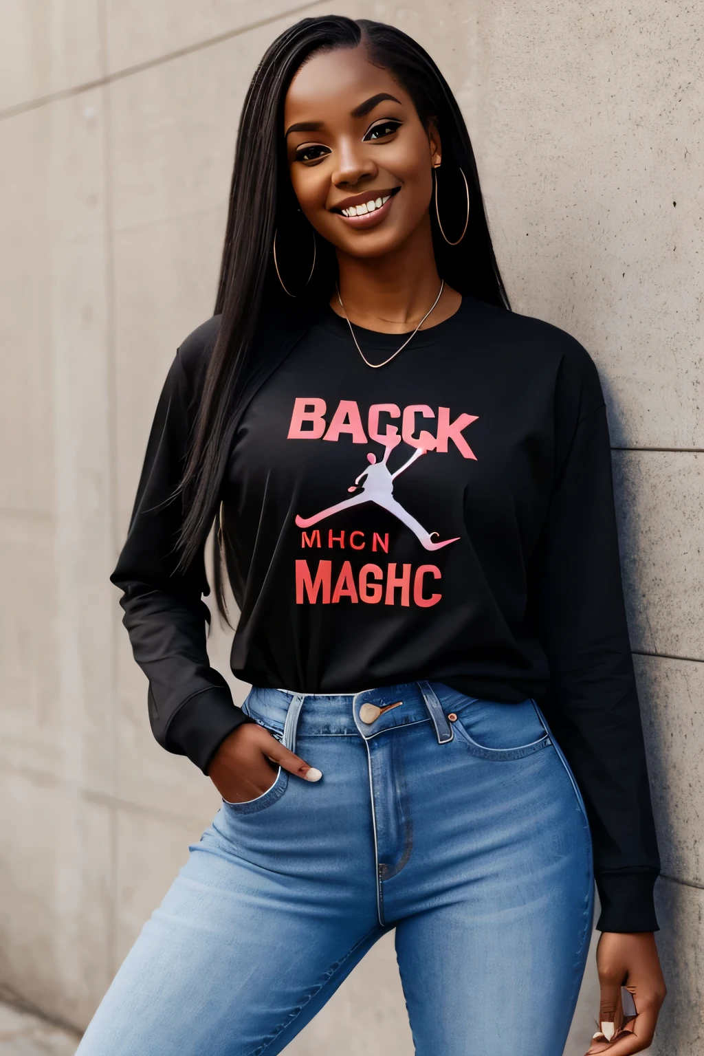 smiling shapely black female teacher dressed in white long sleeve red T-shirt with " Black Teacher Magic" printed on t-shirt, blue jeans and black nike air jordan sneakers in the style of editorial photography 