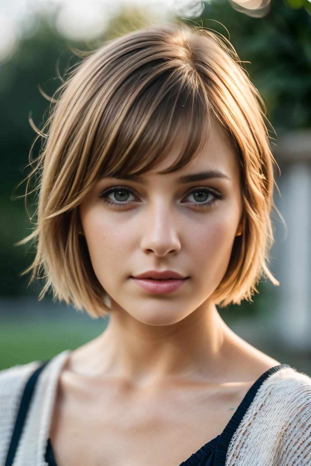 highest quality, 8K, masterpiece, photorealistic, young girl pictures,  Upper body, short bob hair, (view audience:1.5), (detailed pupil), (natural soft light), (attractive), Bokeh, beautiful face, super dense skin, perfect shining eyes, skin pores, soft hair, fabric stitching, fabric texture