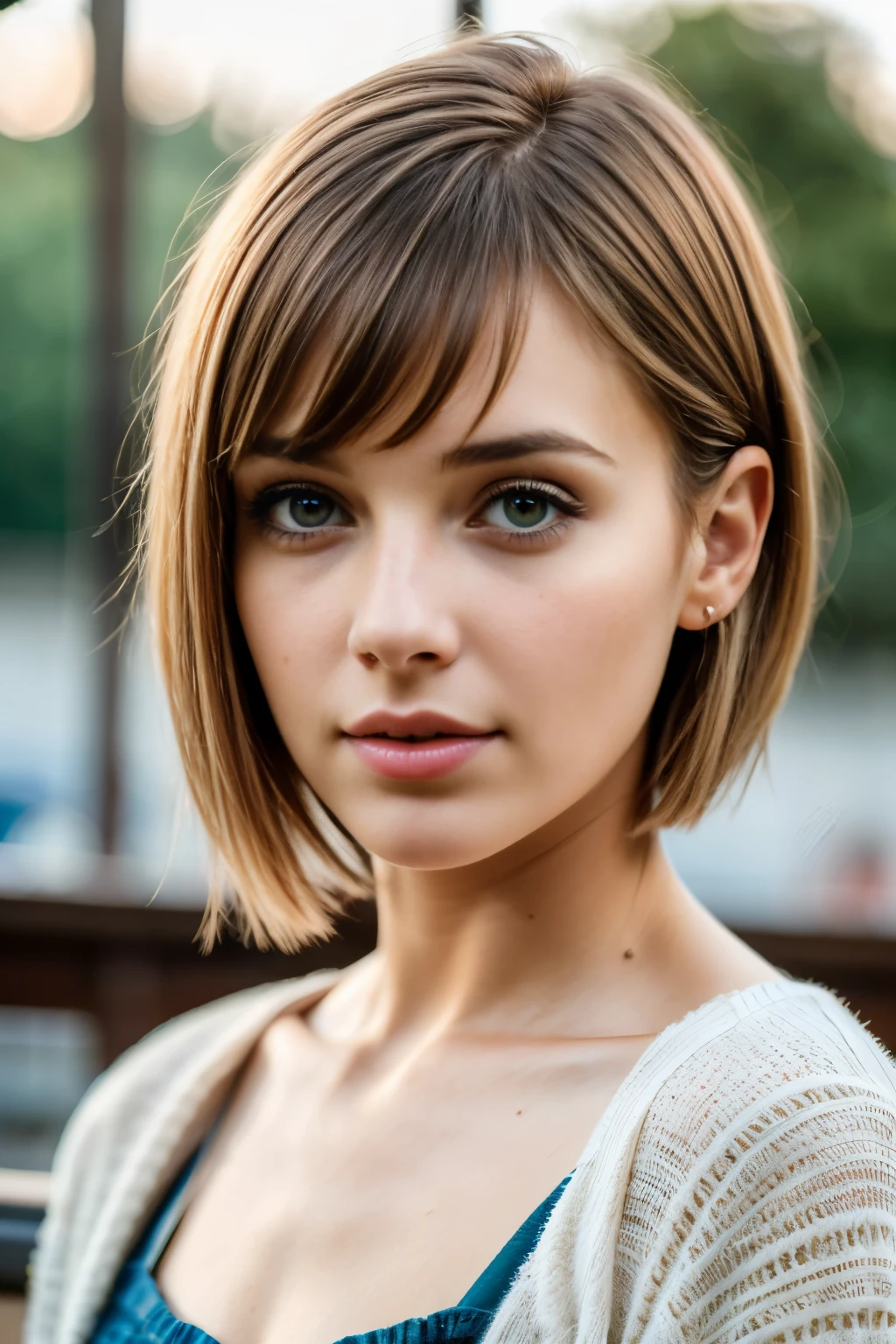 highest quality, 8K, masterpiece, photorealistic, young girl pictures,  Upper body, short bob hair, (view audience:1.5), (detailed pupil), (natural soft light), (attractive), Bokeh, beautiful face, super dense skin, perfect shining eyes, skin pores, soft hair, fabric stitching, fabric texture