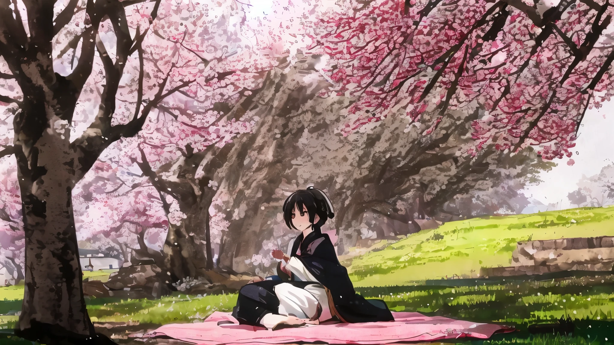 person sitting on a blanket in the park々anime scene, ( ( Makoto Shinkai ) ), Beautiful peace scene in anime, anime movie background, guweiz and Makoto Shinkai, Makoto Shinkai. — hour 2160, under the cherry tree, Dynamic lighting during cherry blossom season, in style of Makoto Shinkai, anime cover, mokoto shinkai