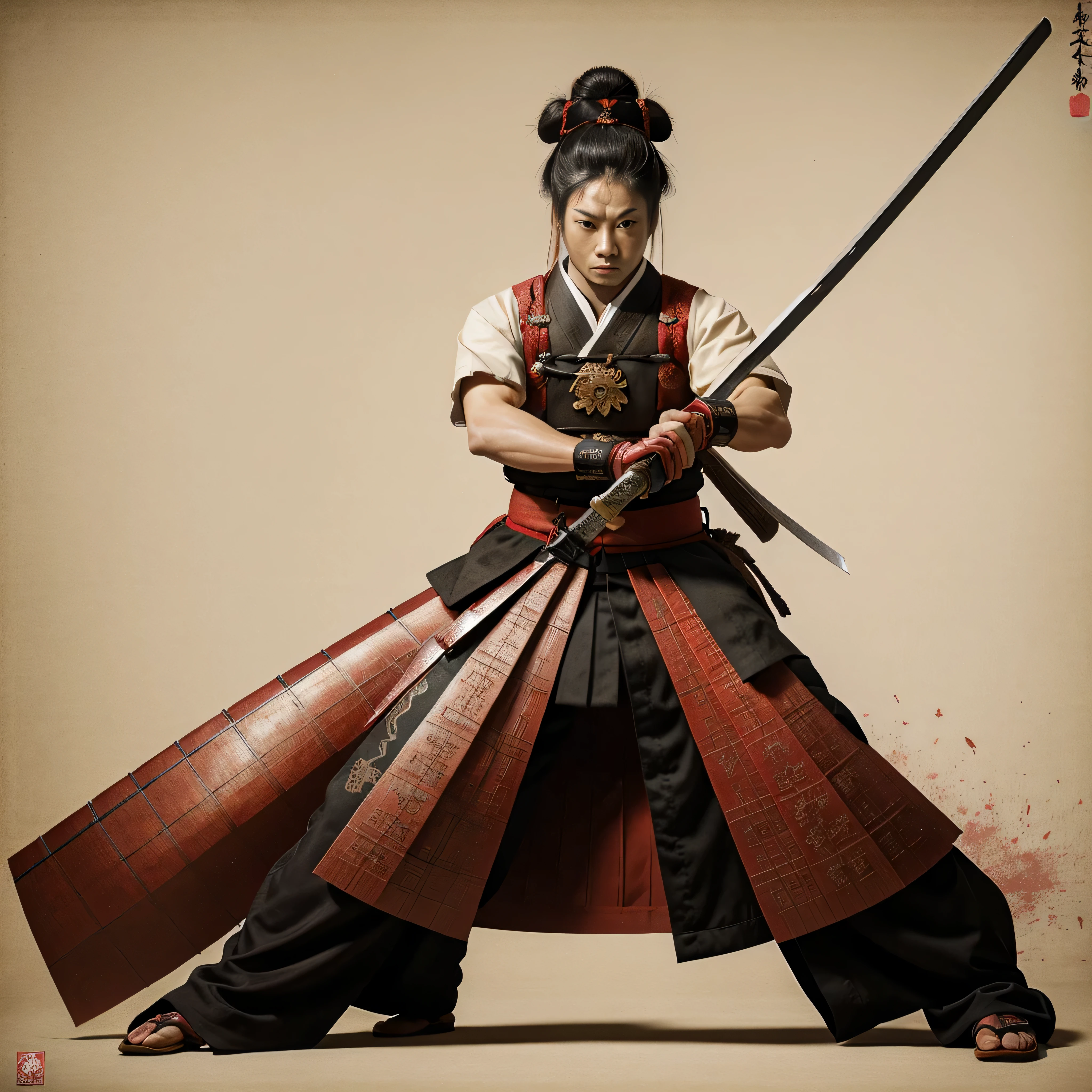 samurai with katana, full body, 16th century Japan, authntic, fighting stance, distressed rice paper background, antique, Surrealism, uper detail, ccurate, best quality, retina, masterpiece, ccurate, super detail, high details, award winning, lines, some Japnese characters in red and black