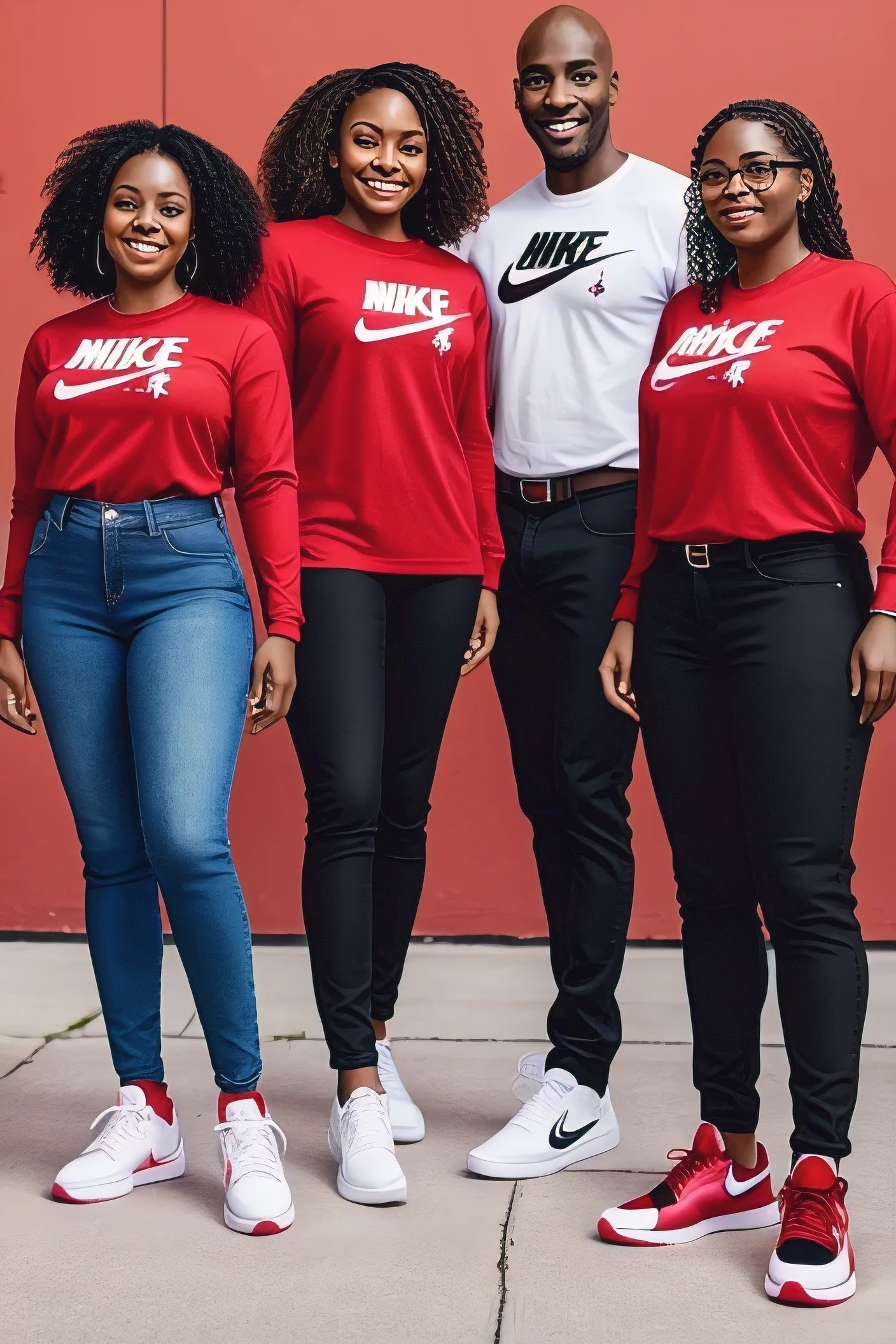 group of smiling black female and male teachers dressed in long sleeve red T-shirts , Print " Black Teacher Magic" on each t-shirt, black jeans and nike air jordan sneakers in the style of editorial photography