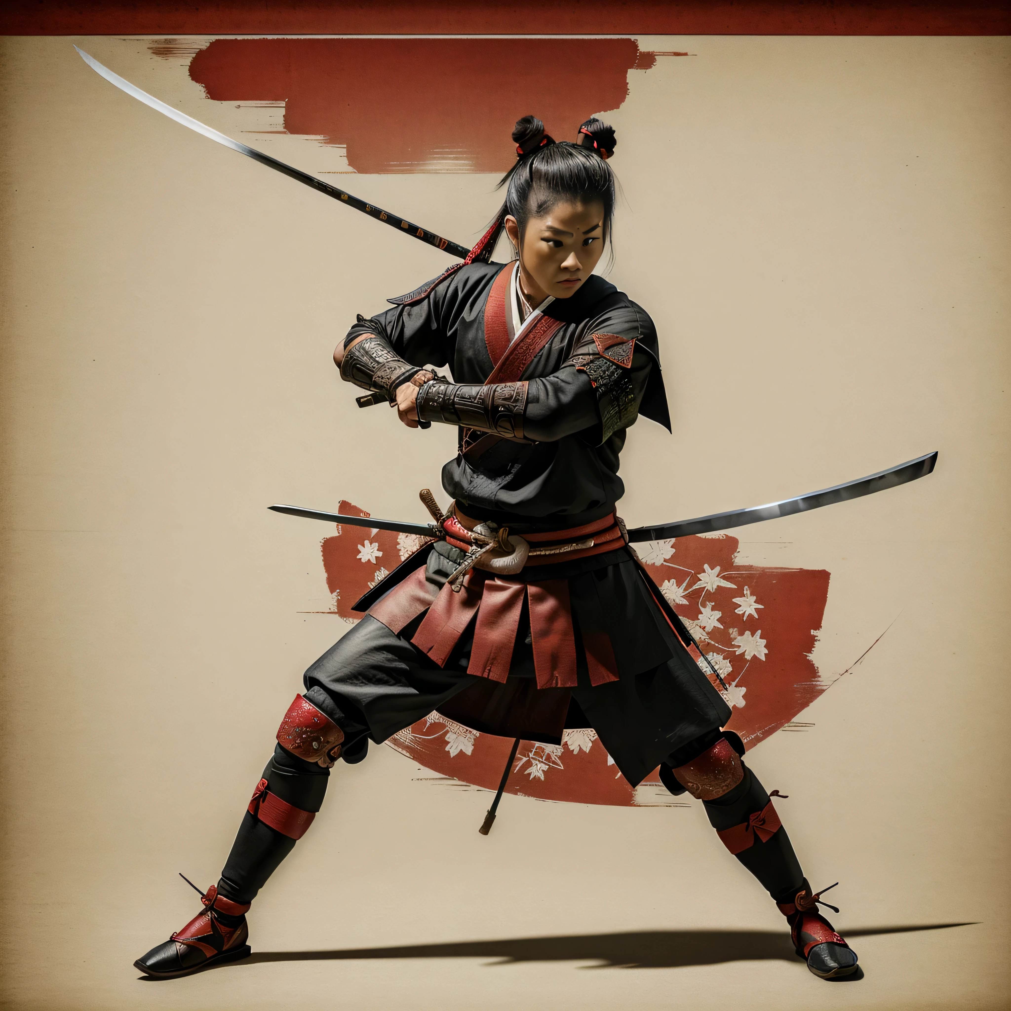 samurai with katana, full body, 16th century Japan, authntic, fighting stance, distressed rice paper background, antique, Surrealism, uper detail, ccurate, best quality, retina, masterpiece, ccurate, super detail, high details, award winning, lines, some Japnese characters in red and black