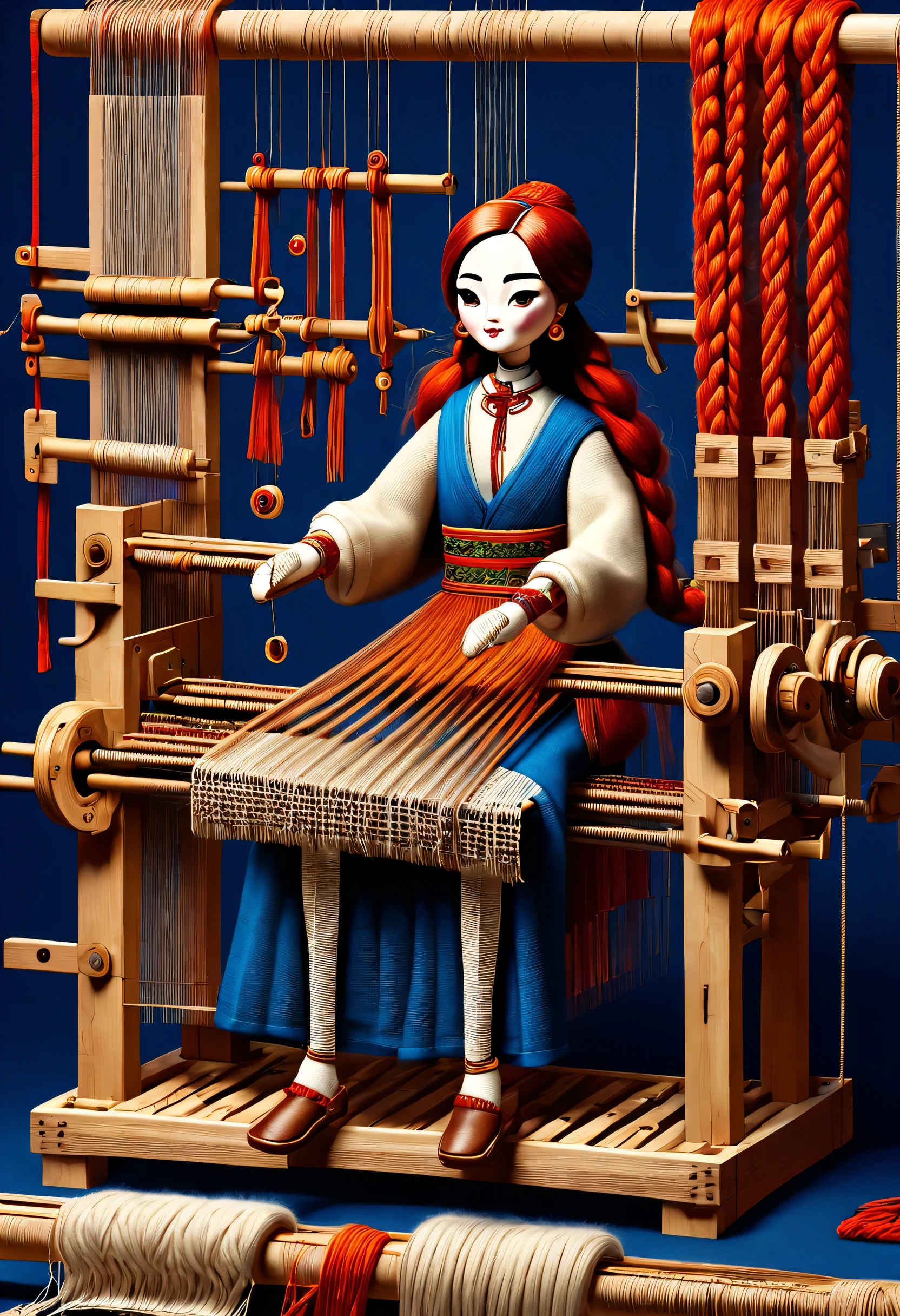 role conception Sheet, Chinese mechanical senior carpenter sculpture style, role conception, (whole body), side, (A mechanically constructed doll sits at work at a loom), Wooden shuttle Ribbon Loom consists of a loom frame, loom roller, a loom head, Bus, and yarn, the loom frame is used to support the loom head and the loom roller, the loom roller and the loom head are the core components of the loom. Weaving rollers and weaving heads are the core components of weaving, They implement the weaving function through a series of mechanical movements. shuttle, Mechanical thread, Gear connection, , Cute and beautiful face, Extra long red double braid, blue and orange skirt, Thin mechanical wooden arms and legs, Exquisite and detailed hollow clothing, lace, whirlpool, , 8k, super detailed, actual, high resolution, light tracing, woolen art, background: farmhouse at night,...