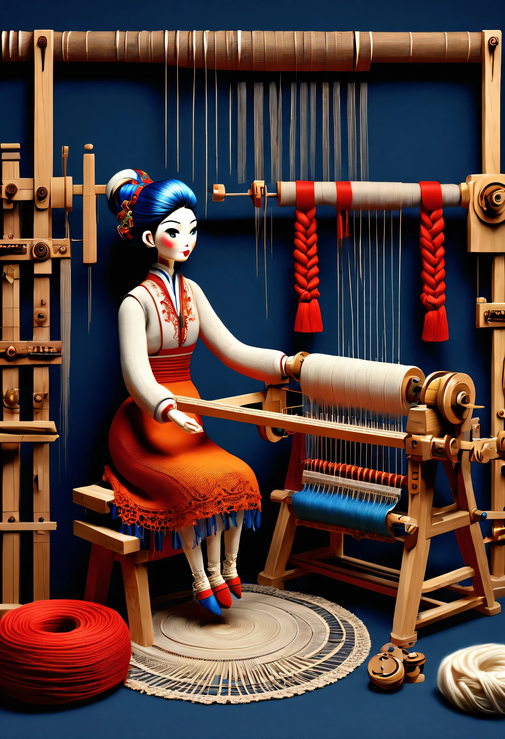 role conception Sheet, Chinese mechanical senior carpenter sculpture style, role conception, (whole body), side, (A mechanically constructed doll sits at work at a loom), Wooden shuttle Ribbon Loom consists of a loom frame, loom roller, a loom head, Bus, and yarn, the loom frame is used to support the loom head and the loom roller, the loom roller and the loom head are the core components of the loom. Weaving rollers and weaving heads are the core components of weaving, They implement the weaving function through a series of mechanical movements. shuttle, Mechanical thread, Gear connection, , Cute and beautiful face, Extra long red double braid, blue and orange skirt, Thin mechanical wooden arms and legs, Exquisite and detailed hollow clothing, lace, whirlpool, , 8k, super detailed, actual, high resolution, light tracing, woolen art, background: farmhouse at night,...