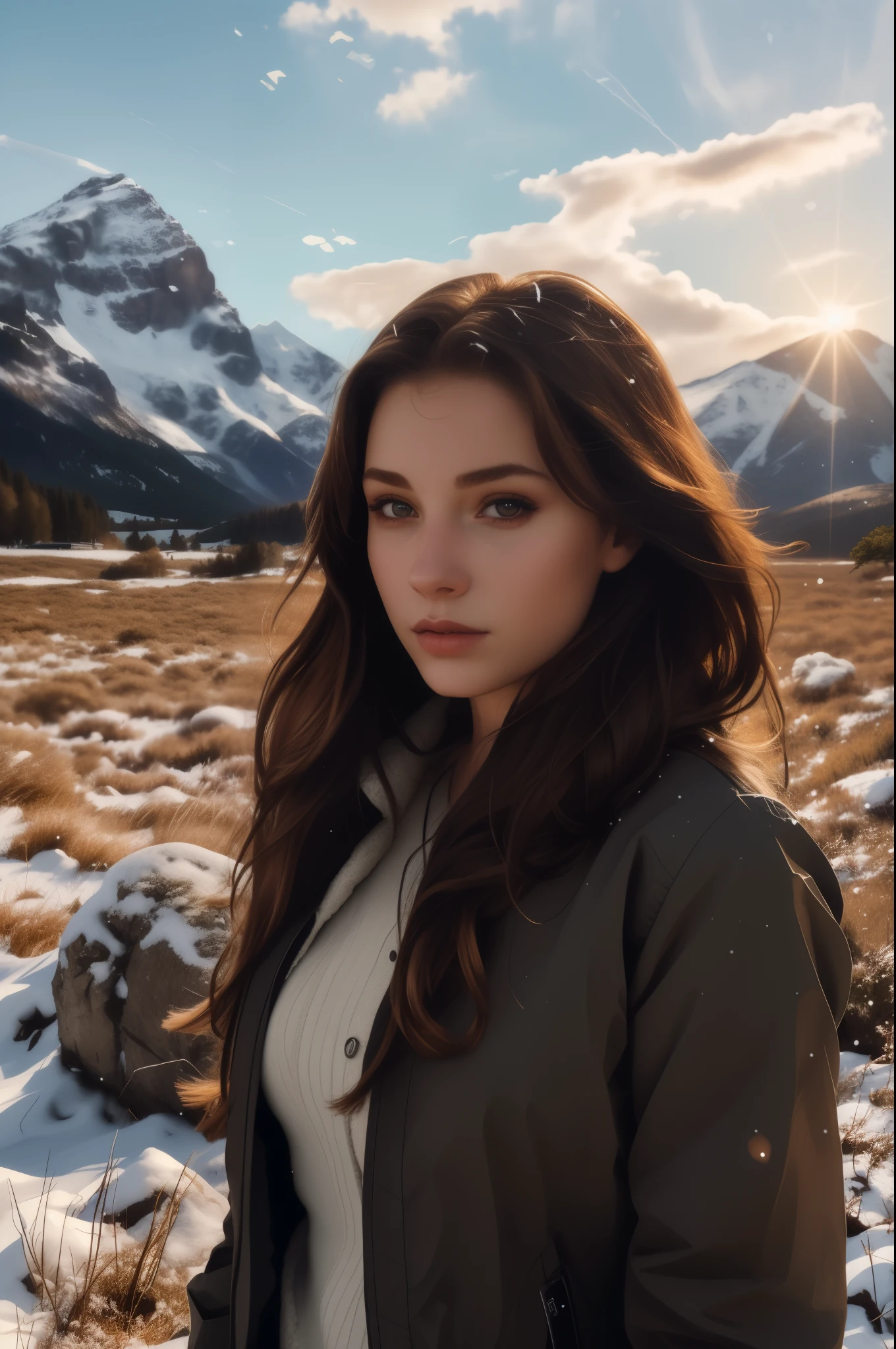 arafed woman standing in a field with snow and Berge im Hintergrund, Portrait of Sophie Mudd, soft Portrait shot 8K, Color photo portrait 4k, Photography portrait 4 k, Portrait photography 4k, Portrait shot 8K, Berge im Hintergrund, epic portraits captured on film, Girl with brown hair, Matte painting portrait shot, Perfectly centered portrait, cinematic portrait
