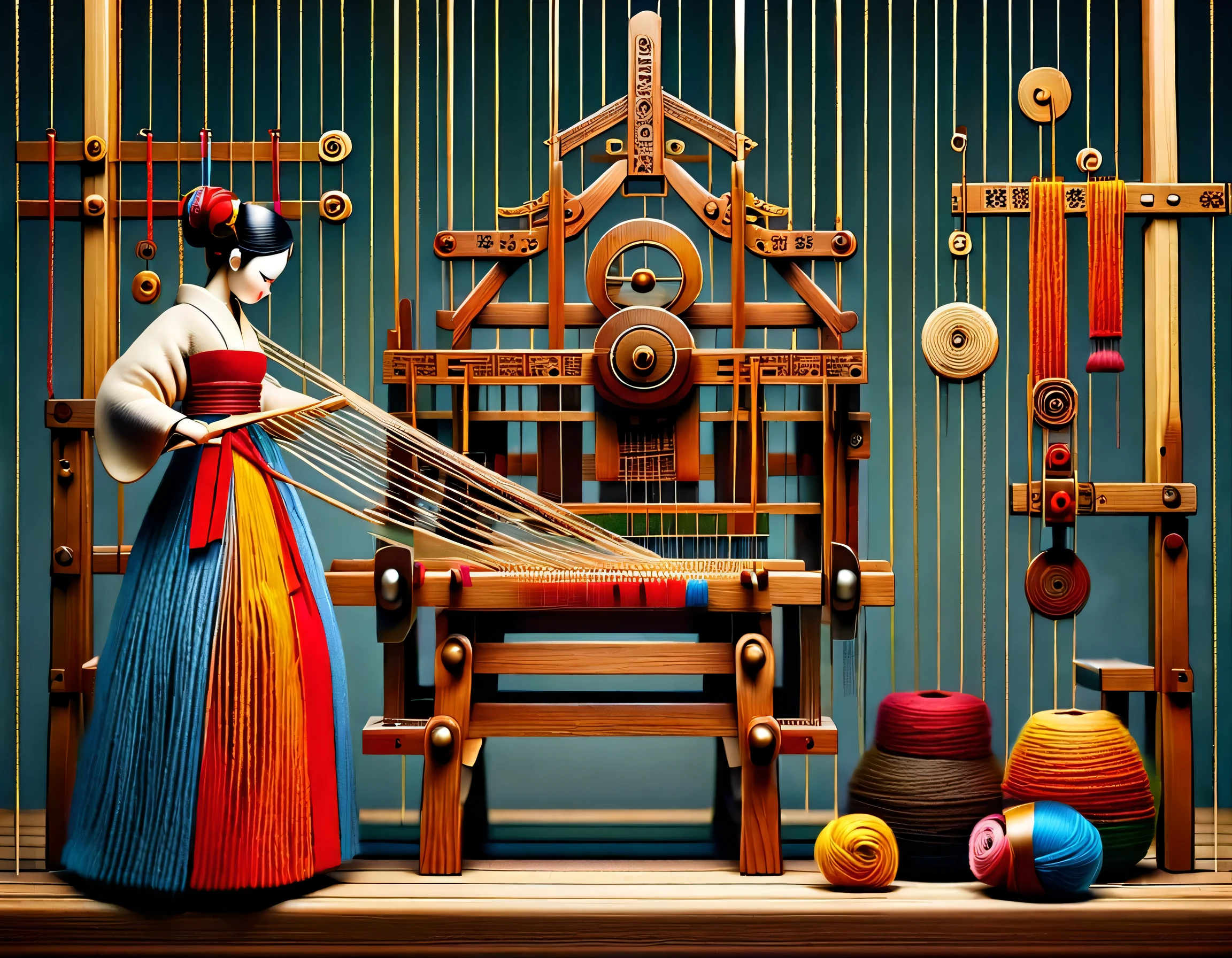 China's unique high-end carpenter sculpture style,The character is full body,side,(Mechanical doll sitting in front of ancient Chinese loom),Inspired by the looms of Jiangning Weaving Museum,wooden shuttle loom,loom frame、Brora、loom head、Shuttle and yarn composition。loom frame用于支撑loom head和Brora,They perform the weaving function through a series of mechanical movements。Shuttle is an essential accessory for weaving,Mainly responsible for conveying yarn,Realize the function of knitting, cute and beautiful face, Extra long red double braids, blue and orange skirt, Slender mechanical wooden arms and legs, Beautiful and detailed,rotate, dance, 8k, super detailed, actual, high resolution, Ray tracing,yarn art