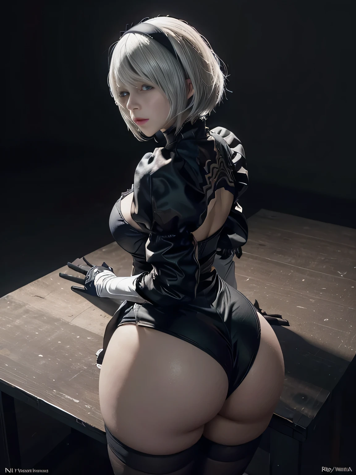 back view, (view from above), （（realistic raytraicing，best qualtiy，8K，tmasterpiece：1.3）），YoRHa2B，2bcosplay，2b，1girll，1girll，Beautiful woman with perfect figure：1.4，Abs：1.1，（straight bangs，：1.5），hair covering one eye，Dairy-free rubber clothing ：1.2，Super detailed face，Detailed eyes，double eyelid，Perfect hands, perfect fingers, Perfect breasts, Perfect hair, Perfect face, Perfect body, Perfectcomposition， Ray traching， unreal-engine， Surrealism at the highest resolution， (Yorha No. 2 Type B)、((n_2b))、YORHA 2B、(Nier Automata 2B Hairstyles), cleavage, (Nier:Automata 2B Cosplay:1.3), (bend over chair presenting her ass to viewer protruding ass accentuate ass round ass), (black skirt)