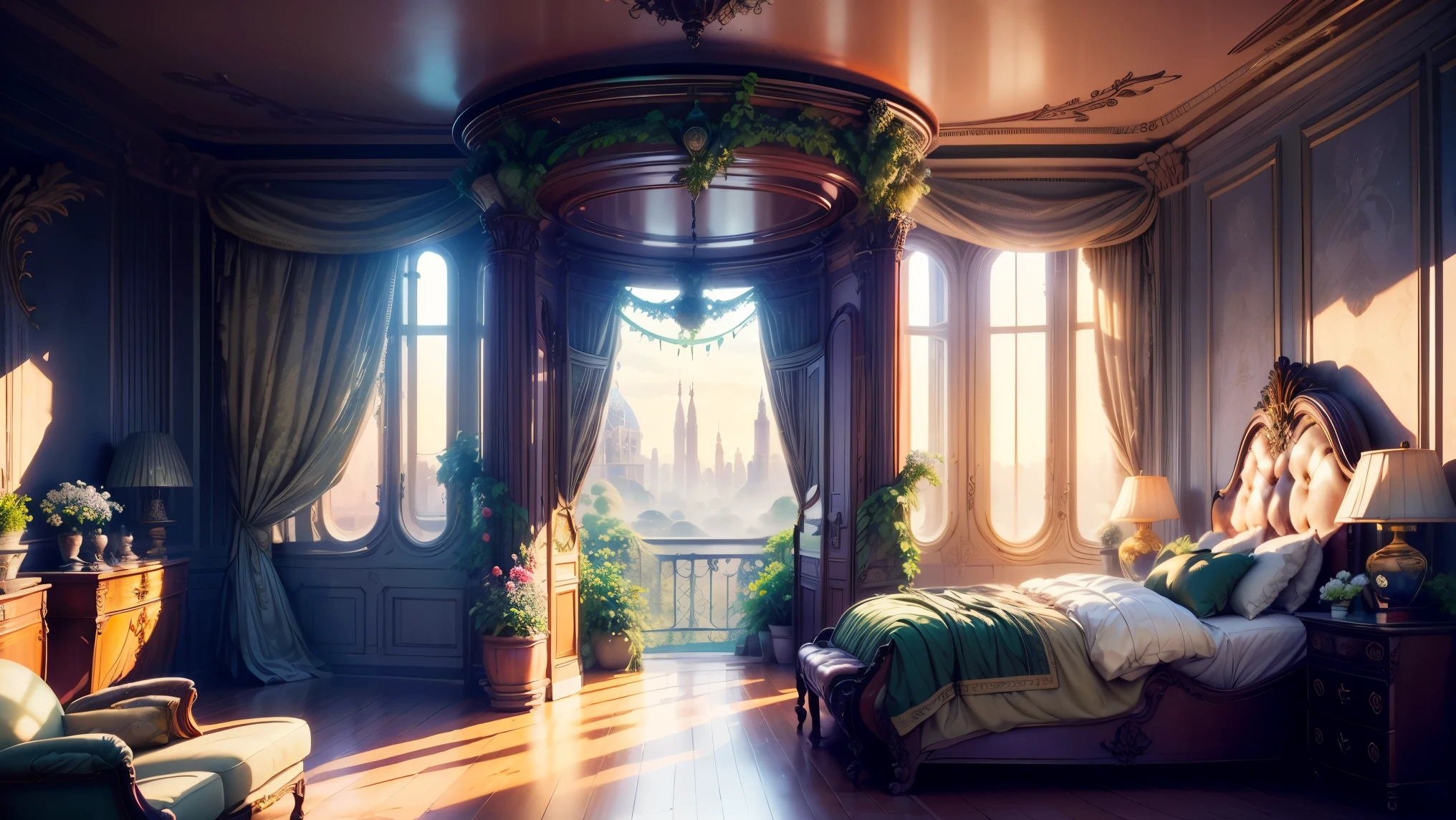 Solarpunk Dreamscape: The Royal Botanical Sanctuary | Generate an ornate botanical bedroom in the style of Versailles in a solarpunk world. There is a giant historical window in the bedroom. The giant French historical window is adorned with intricate carvings and dominates one wall. Through the massive window, a colorful and intricate solarpunk cityscape is visible. The cityscape is bustling and interesting, with many small details and high visual interest. The bedroom is peaceful, with many elegant flowers and flowered ivy among the rich silk fabric and hardwood floor. Take inspiration from rooftop gardens, royal french gardens, beautiful rose gardens, and whimsical fantasy. Include beautiful fantasy details and touches, including fantasy water, books, 3D touches, and delicate tendrils of ivy. Camera: Utilize innovative lighting techniques to emphasize the realism and beauty of the image. Delicate flower petals from floating flowers dance through the air. Utilize dynamic composition to create a compelling image.