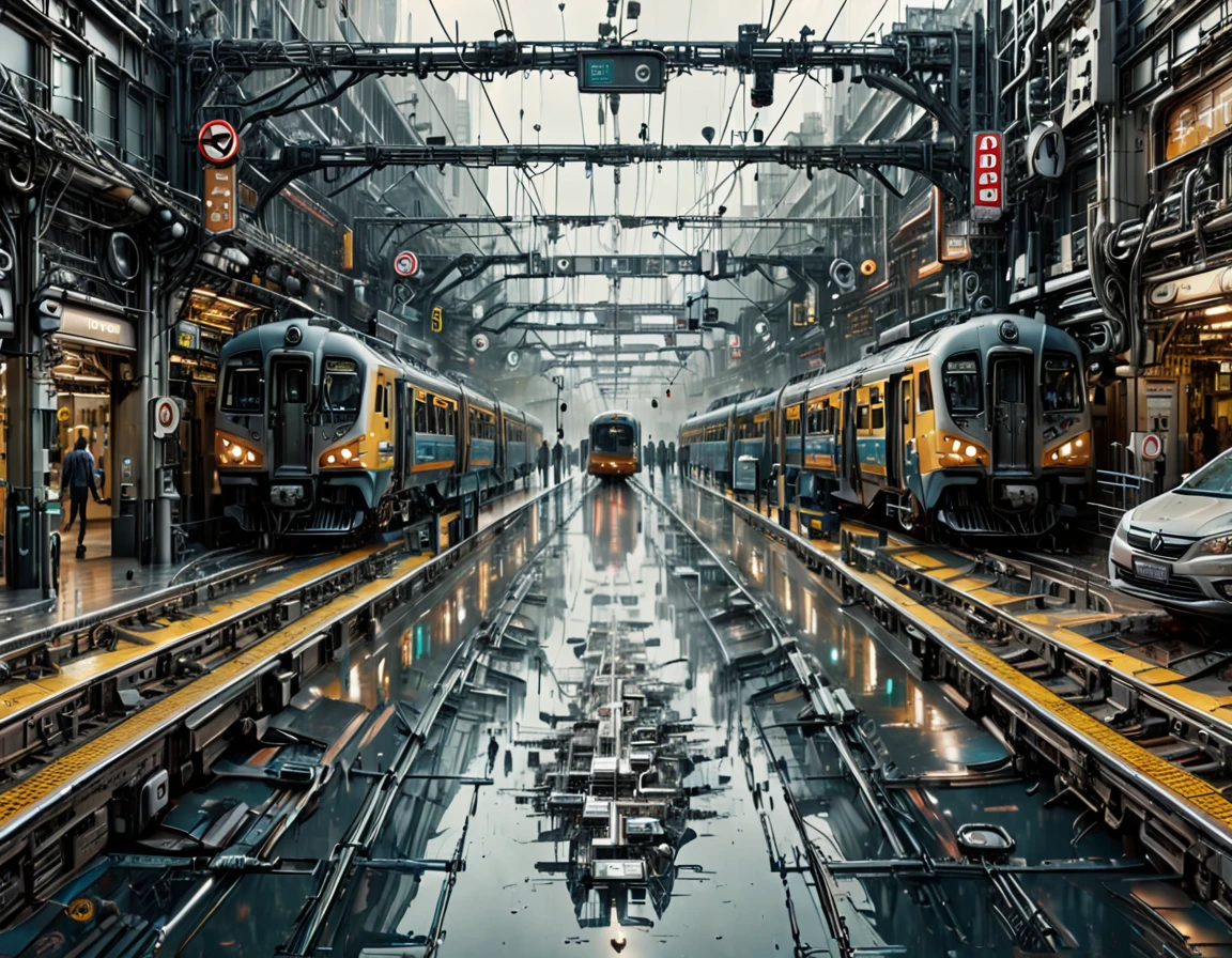 Edge&#39;s dystopian busy train station, Transport vehicles parked at the station and bright signs, Pedestrians move synchronously, Rainwater creates reflective pools on the ground