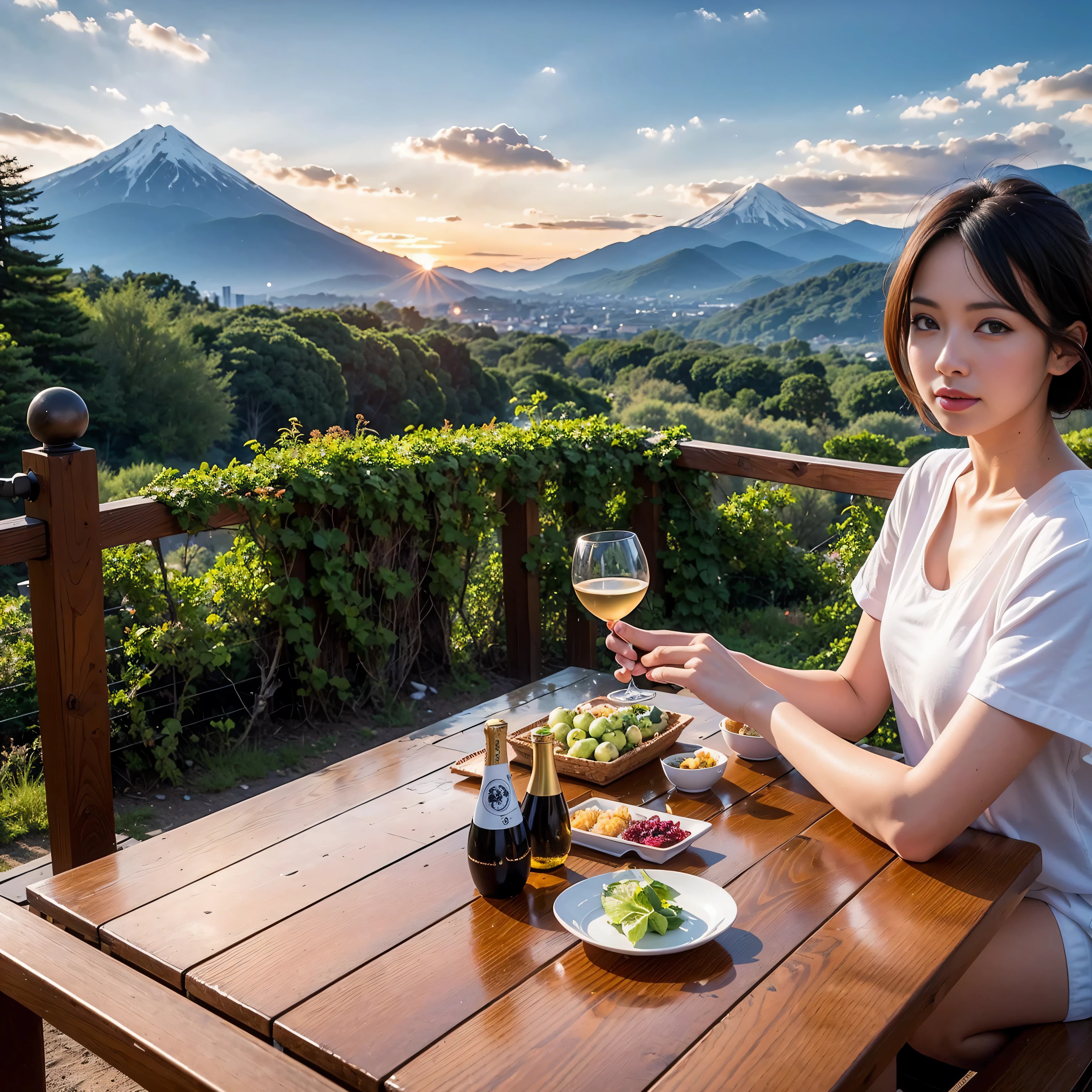 (including 64k, nffsw, highest quality, table top: 1.2), (realistic, realistic: 1.37), Spectacular view of the sunset sky and clouds、Amazing mountain views、White wine、Japanese sake、Sake Glass、wine glass、、sparkling wine、