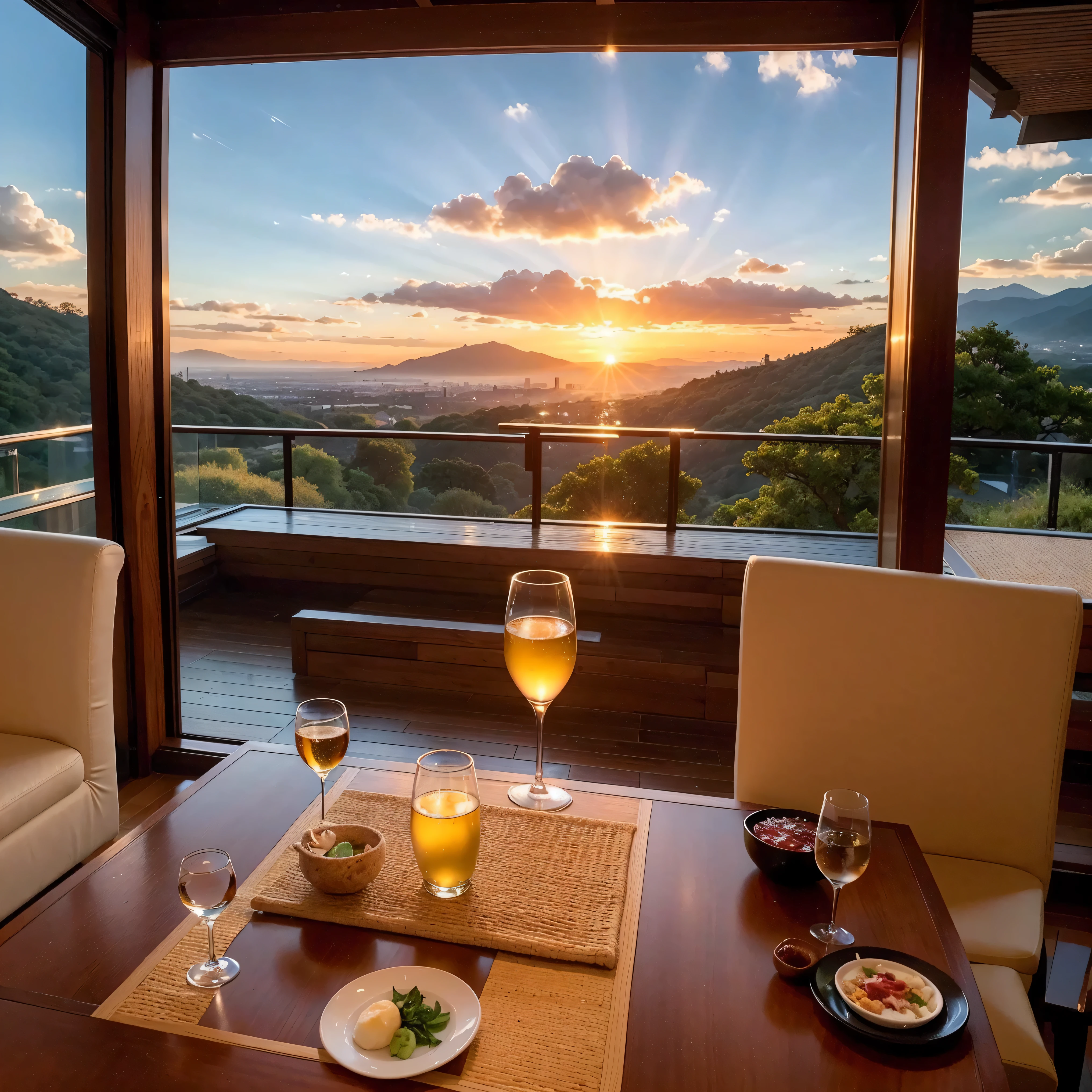 (including 64k, nffsw, highest quality, table top: 1.2), (realistic, realistic: 1.37), Spectacular view of the sunset sky and clouds、Amazing mountain views、White wine、Japanese sake、Sake Glass、wine glass、、sparkling wine、