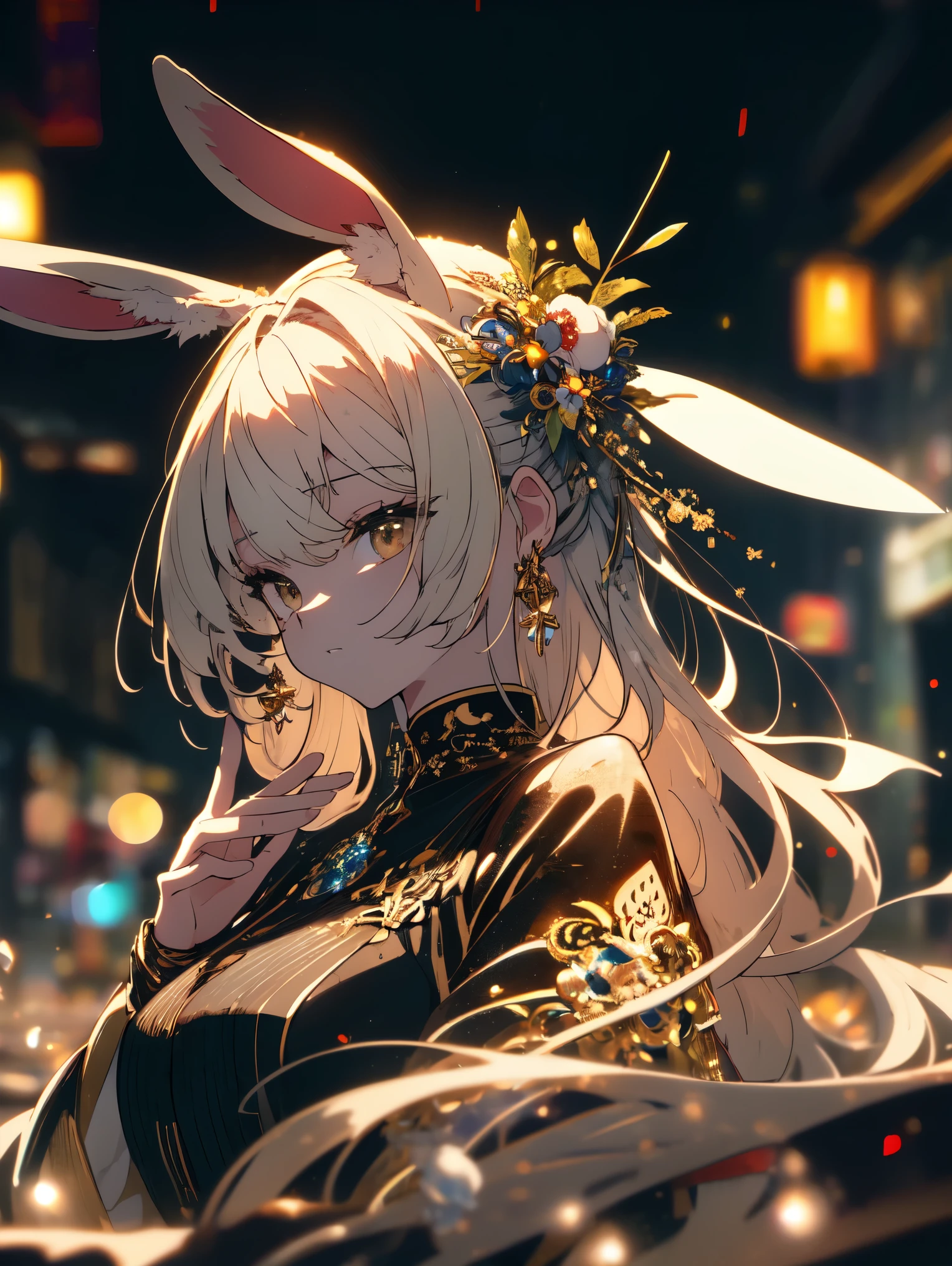 ((highest quality、original, intricate details, figure, masterpiece, very detailed))、 CG Unity 8k 壁紙, highlight, sharpen, dynamic, Bokeh, , beautiful girl with animals_rabbit ears and hair_ornament、anime art
