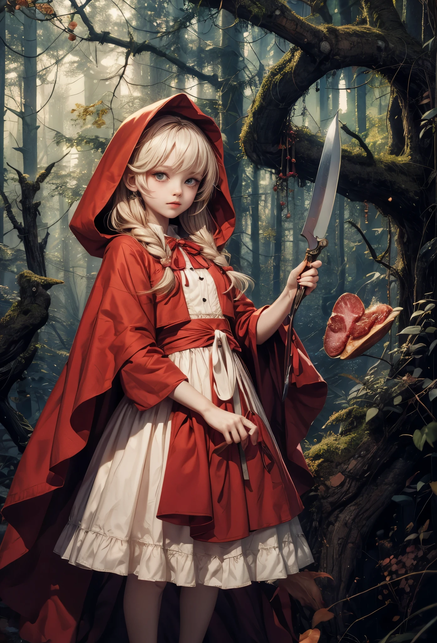 ((Highly accurate drawing in every detail)Extremely precise depiction)[High resolution],(detailed illustrations,とてもfineで緻密な描画,Delicate drawn lines with tempo,Realistic texture expression),[color traced main line],[deep nordic forest],((irish girl) Beauty 13 years old) [braided hair] Medium build, medium height,((little red riding hood)apron dress[(frills) ribbon]) [Meat cleaver],gravure[[bizarre atmosphere]gothic horror],(Fine and beautiful skin expression [transparency]),((Precisely drawn eyes))[完璧な目のdetailed((Beautiful eyes like jewels)Iris drawn in precise detail)[clearly drawn pupils]],[eye light[Pinpoint lighting for the eyes]],[long and beautiful eyelashes],[precisely drawn hair [美しく艷やかな髪のdetailed]],(完璧な手のdetailed [Beautiful fingers with no damage [beautiful nails]]),(perfect anatomy(perfectly balanced proportions))[[full body portrait]],[ideal color coordination(Accurate simulation of light and material interactions)],([precision detail](detailed,高fine)),[[pale and gentle colors]][Visual art that tells a story] [[natural eros]],((highest quality)fine[[High density drawing]])(4K quality).