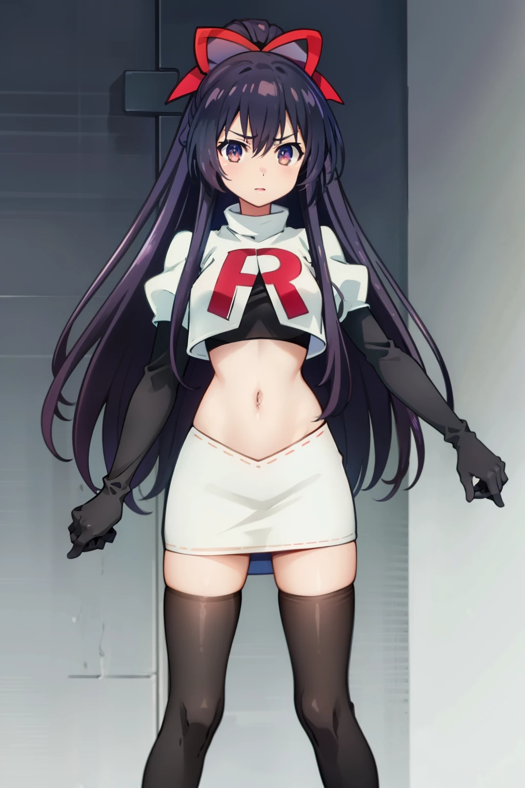 (extremely detailed CG unity 4k wallpaper),(masterpiece),(best quality),(ultra-detailed),(best illustration),(best shadow),(absurdres),(detailed background) Tohka Yatogami, 1girl, solo, bow, long hair, hair bow, purple hair, yellow bow, purple eyes, ponytail, breasts, hair between eyes, very long hair, hair ornament, looking at viewer, medium breasts, bangs, anime coloring, team rocket,team rocket uniform,white skirt,red letter R,crop top,black thigh-highs,black elbow gloves