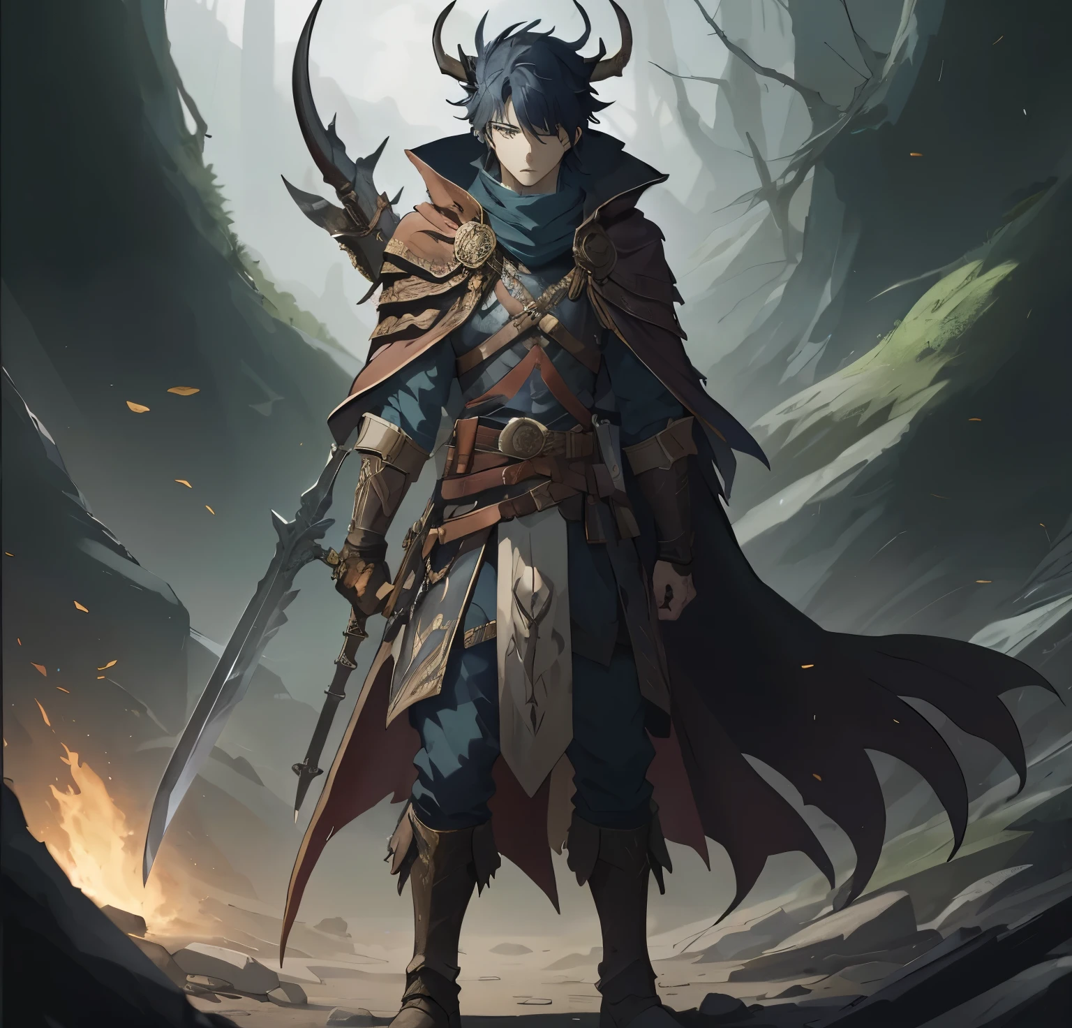anime character with a horned head and a sword in front of a dark forest, epic fantasy art style, Full-length portrait of the magic knight, epic fantasy digital art style, conceito de personagem shadowverse, 2. arte de fantasia de anime 5 d cgi, retrato de RPG de corpo inteiro, RPG retrato de corpo inteiro, por Yang J, arte de personagem de RPG, handsome guy in demon slayer art