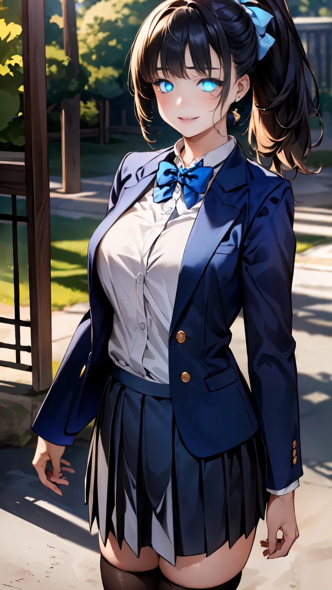 (masterpiece:1.2, highest quality), (realistic, photorealistic:1.4), beautiful illustrations, (natural side lighting, movie lighting), , 
look away, (face focus, Upper body, Front view:0.6), 1 girl, high school girl, Japanese, perfect face, perfect anatomy, Cute symmetrical face, (round face), shiny skin, 
(long hair:1.6, princess cut:1.5, black hair ponytail), dull bangs, (Strong glowing blue eyes:1.9), Big eyes, long eyelash, (big breasts:1.3), 
beautiful hair, beautiful face, detailed and beautiful eyes, beautiful clavicle, beautiful body, beautiful breasts, beautiful thighs, beautiful feet, beautiful fingers, 
(((navy blazer:1.6, Navy pleated mini skirt), closed blazer, gray bow tie, white collared shirt), black thigh highs), 
(beautiful scenery), Depth of the bounds written, morning, (schoolyard), Are standing, (put your hand on your chest), (cute smile, open your mouth), 