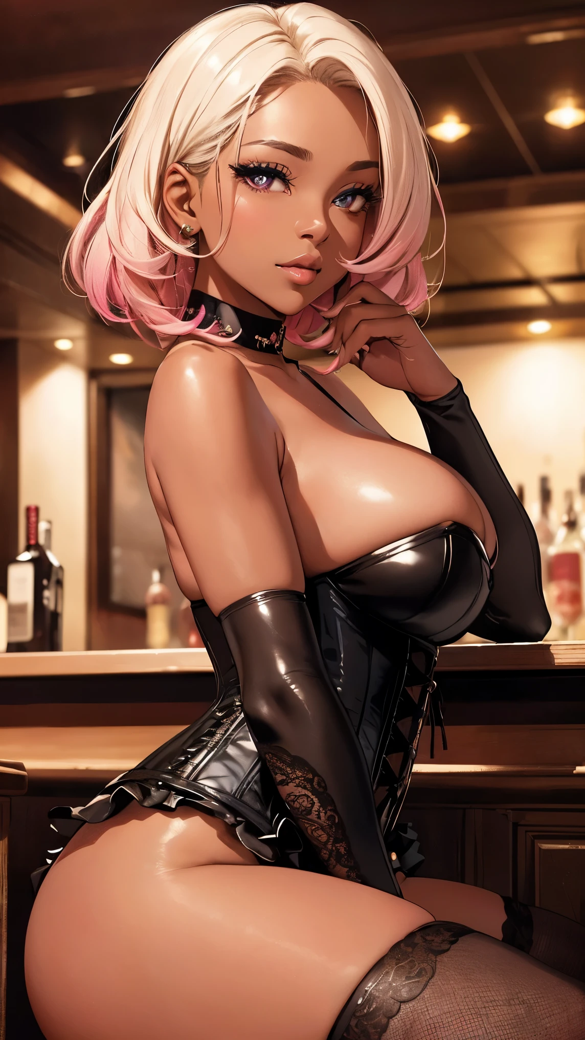 Highest Quality, masterpiece, beautifully detailed eyes, (dark skin), short Blonde Hair, Gradient Hair, pink highlights in hair, large breasts, sitting, makeup, glossy lips, full lips, in a bar, in a club, light smile, blush, (view from side), corset, thigh highs, choker