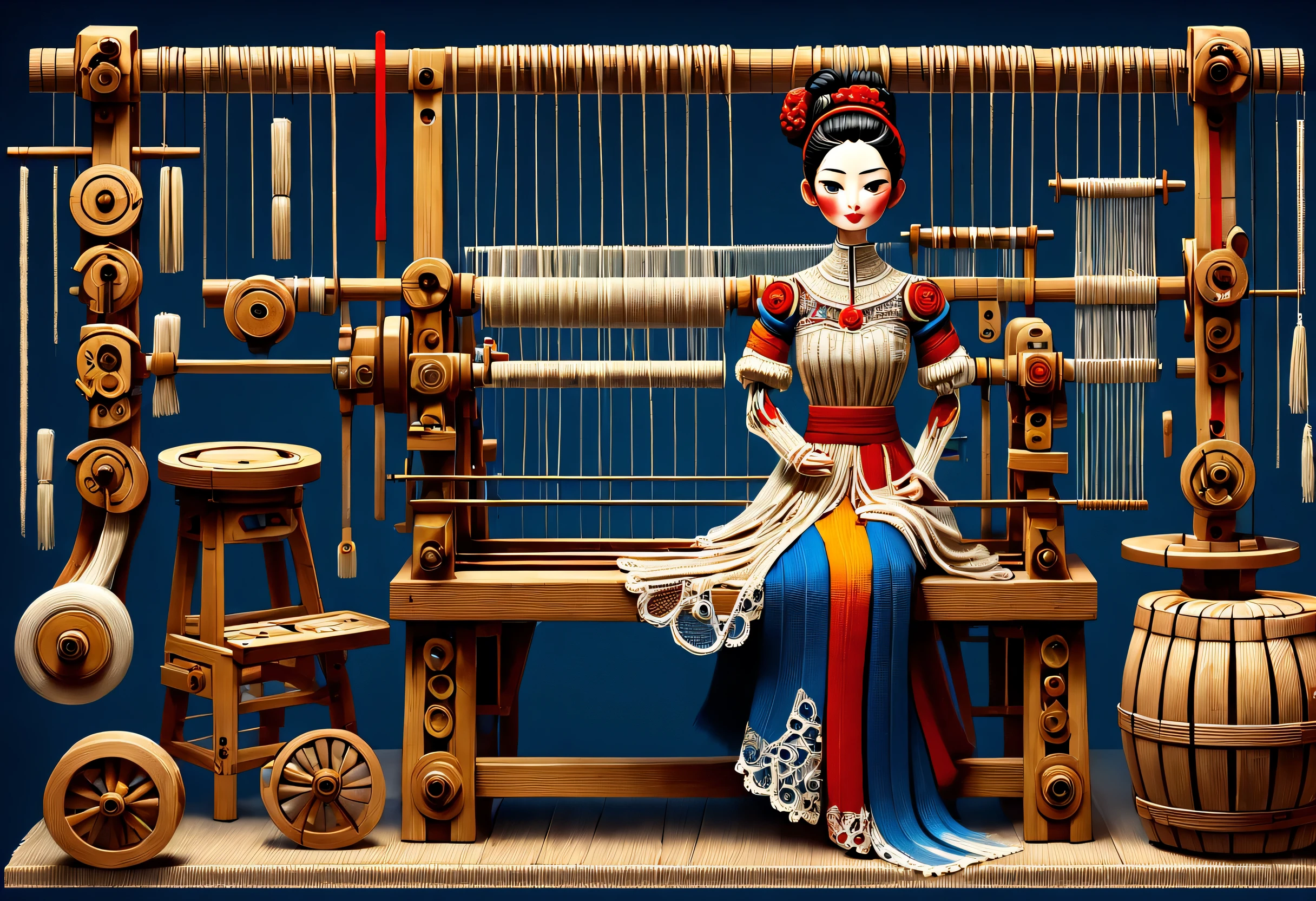 role conception Sheet, Chinese mechanical senior carpenter sculpture style, role conception, (whole body), side, (A mechanically constructed doll sits at work at a loom), Wooden shuttle Ribbon Loom consists of a loom frame, loom roller, a loom head, Bus, and yarn, the loom frame is used to support the loom head and the loom roller, the loom roller and the loom head are the core components of the loom. Weaving rollers and weaving heads are the core components of weaving, They implement the weaving function through a series of mechanical movements. shuttle, Mechanical thread, Gear connection, , Cute and beautiful face, Extra long red double braid, blue and orange skirt, Thin mechanical wooden arms and legs, Exquisite and detailed hollow clothing, lace, whirlpool, , 8k, super detailed, actual, high resolution, light tracing, woolen art, background: farmhouse at night,...