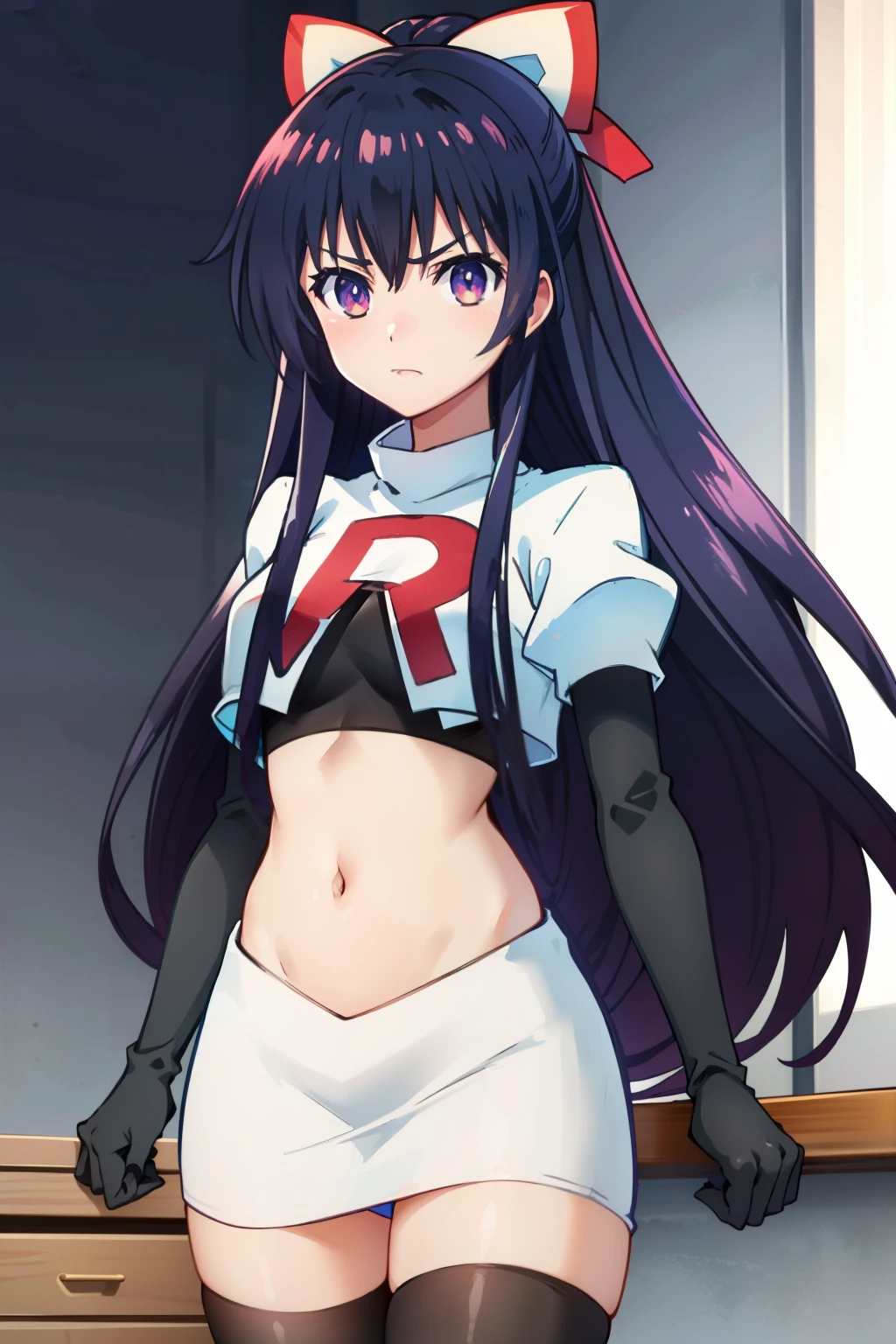 (extremely detailed CG unity 4k wallpaper),(masterpiece),(best quality),(ultra-detailed),(best illustration),(best shadow),(absurdres),(detailed background) Tohka Yatogami, 1girl, solo, bow, long hair, hair bow, purple hair, yellow bow, purple eyes, ponytail, breasts, hair between eyes, very long hair, hair ornament, looking at viewer, medium breasts, bangs, anime coloring, team rocket,team rocket uniform,white skirt,red letter R,crop top,black thigh-highs,black elbow gloves