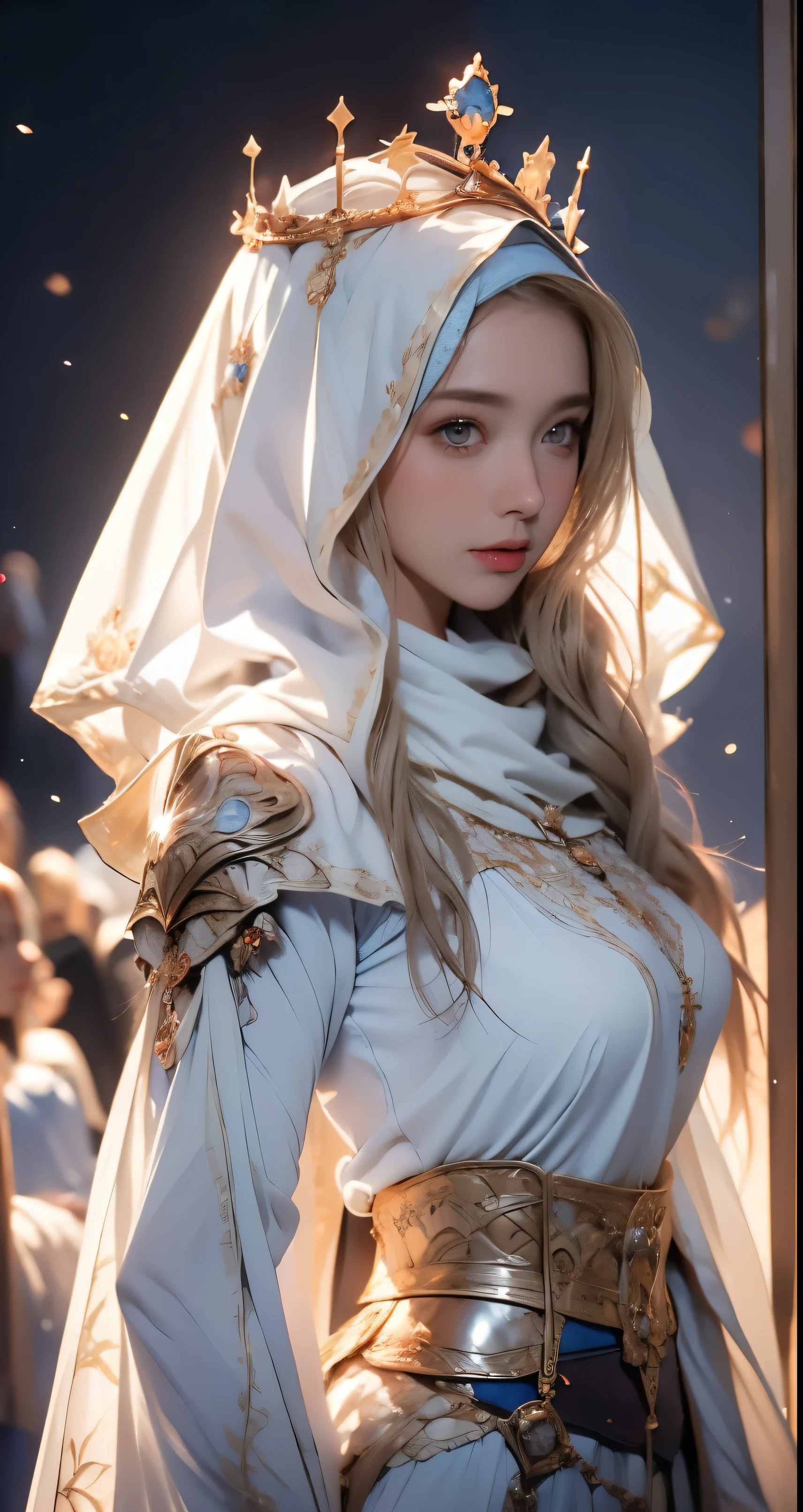 Erect nipples, wearing a hijab , luxury hijab,crown luxury , blue eye, blond hair, around 17 years old, (gold ), tmasterpiece,Best quality at best,A high resolution,8K,((Portrait)),(upper body),Original photo,real photograph,digital photography,(Female princess in the medieval fantasy style), sexy princess ,blue eye, super colossal breast, round colossal breast ,open kissing lips,Keep your mouth shuegant and charming,((Blushing)),virgin contempt,Calm and handsome,(Medieval fantasy dress,The Beautiful super huge round breast, small waist, perfect colossal breast of princess body, a blue delicate pattern,silver Cloak),(princes medieval character medieval fantasy style,oc render reflection texture, fighting style, sexy colossal breast , medieval castle background, slim body, very small waist,