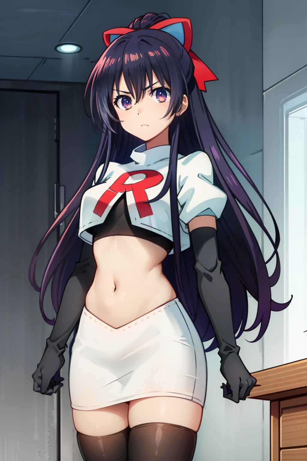 (extremely detailed CG unity 4k wallpaper),(masterpiece),(best quality),(ultra-detailed),(best illustration),(best shadow),(absurdres),(detailed background) Tohka Yatogami, 1girl, solo, bow, long hair, hair bow, purple hair, yellow bow, purple eyes, ponytail, breasts, hair between eyes, very long hair, hair ornament, looking at viewer, medium breasts, bangs, anime coloring, team rocket,team rocket uniform,white skirt,red letter R,crop top,black thigh-highs,black elbow gloves