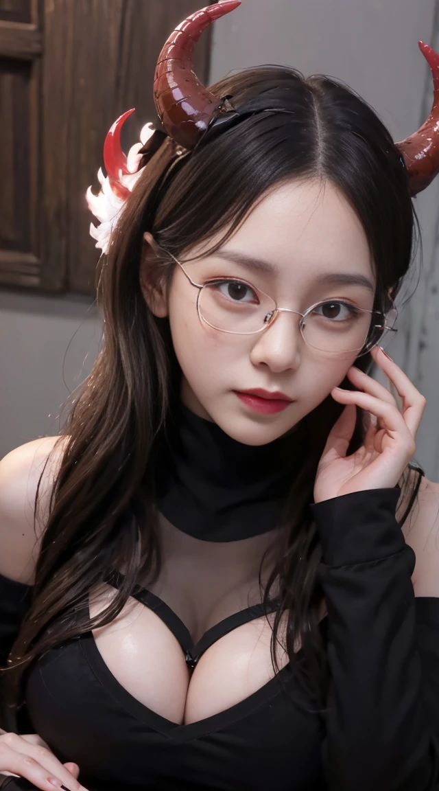 ((Best Quality, 8K, masutepiece:1.3)), Focus:1.2, ((High Proportion Realistic Breasts, Realistic big breasts):1.4), Slender body, (entire body visible: 1.5), Perfect Body Beauty: 1.4, Buttocks: 1.2, ((Layered Haircut, Beautiful breasts: 1.2)), (Wet clothes: 1.1) , (Rain, Street:1.3), Black Tight Bra (Transparent), Black tight panties (Transparent), Highly detailed face and skin texture, Fine eyes, Double eyelids, Whitened skin, Long hair, Smile Face、Enchanted smile、seductiv、Maiden in Love、Evil Nun、Dark Necromancer、Succubus、Devil's Daughter、Umi Shinonome、Bat Wings,(((Demon Horns)))、 ((((Huge glasses, Otaku Glasses, thick glasses, Round glasses)))),(((Colossal tits)))、(Devil's Tail)、(red eyes glowing:1.6)、red eyes make up very sharp and detailed, The eyes are very well made up, ((Red Eye:1.0)),intricate tattoos, demonic intricate tattoos, thigh tattoos, body tattoos, masterpiece、The most beautiful face、a baby face、Charming smile、plump beautiful red lipuscular seductive body、The enchanting body of the devil、devil style、Seductive Black Magic Costume、(((A shiny red snake is wrapped around her body)))、The long-haired、Braids、Black hair、Ponytail distortion、, Ponytail with a bow tied at the back of the hair, Beautiful expression、Body Up、Large breasts emphasis、Bust, Super tight breasts, Breast augmentation surgery, The breasts are very big and round and round,Toned waist、Wide buttocks、 lowkey, cowboy lens, (Black Phoenix Dress: 1.0), devil crown, Red sparkling gemstone necklace、Jewelry Gwise, wearing black mesh socks,wearing a thin red and black robe, Hands pull the straps to expose sexy breasts, Protagonist Close-up, nffsw, nffsw, Meet beautiful girls, Look at the girl's body,